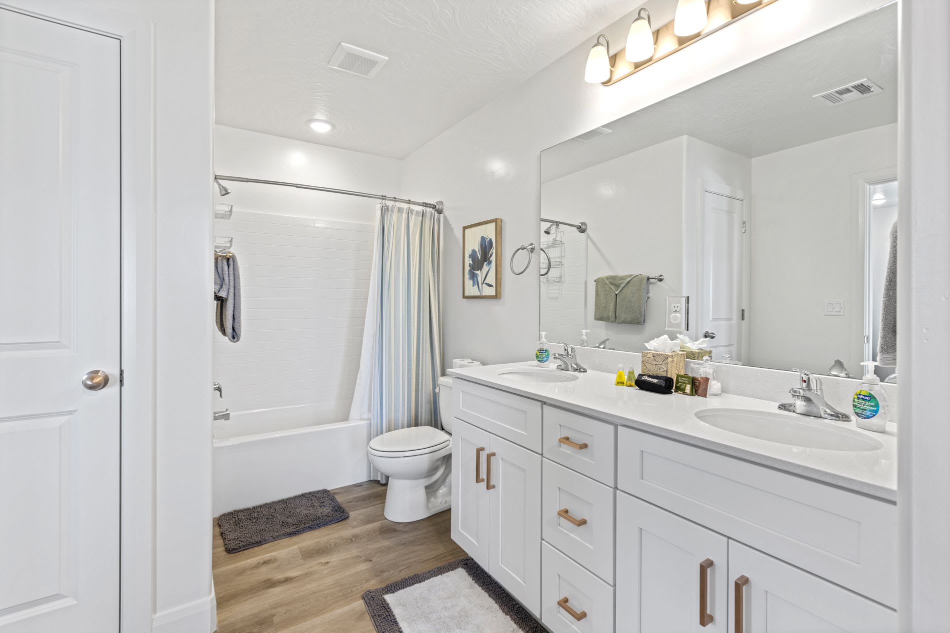 Master bathroom with combo tub/shower and double vanity