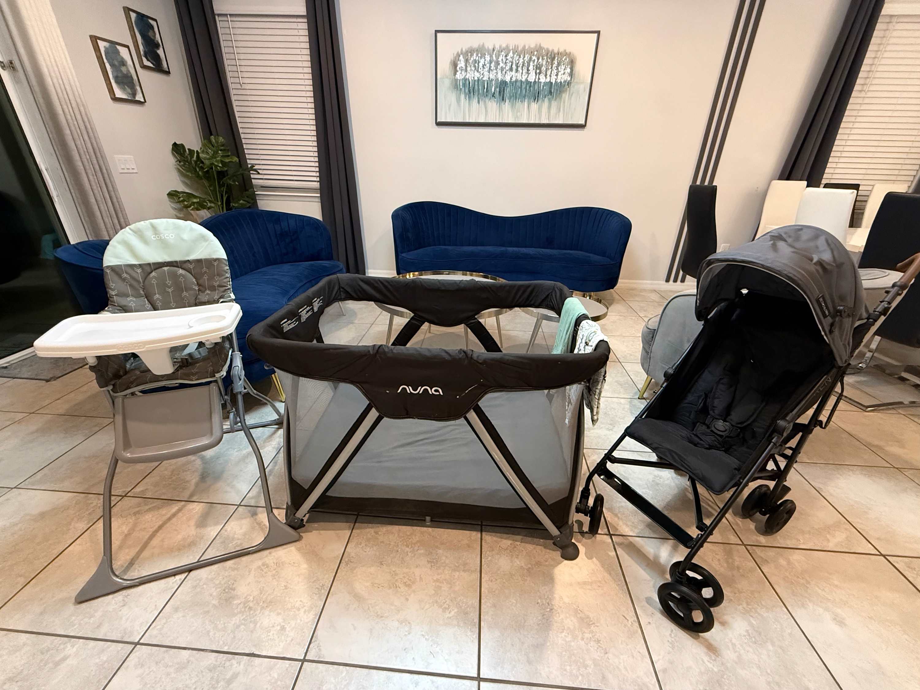 Traveling with little ones? The home includes a stroller, high chair, and playpen for your convenience.