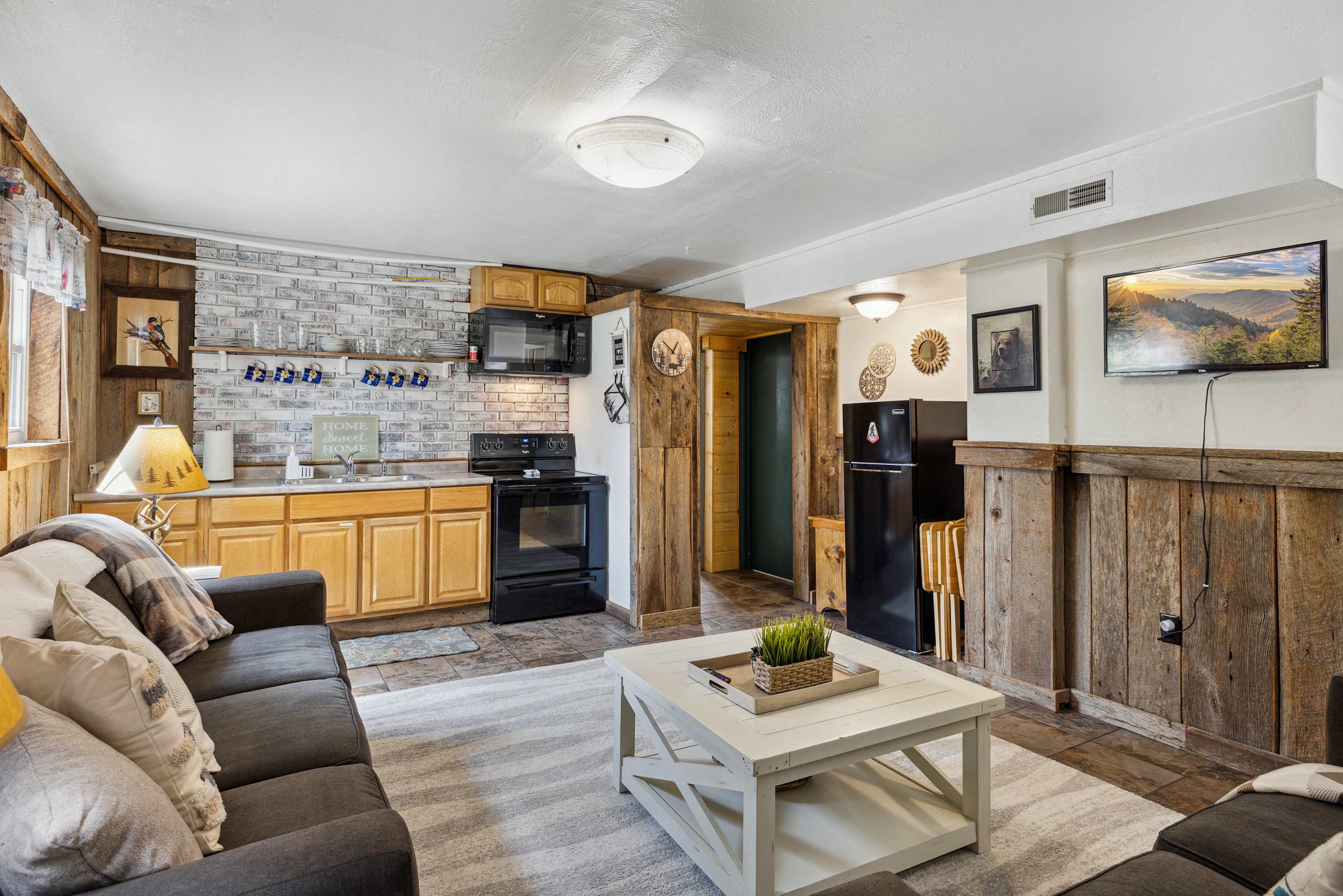 Cozy living room with smart TV and sofa bed