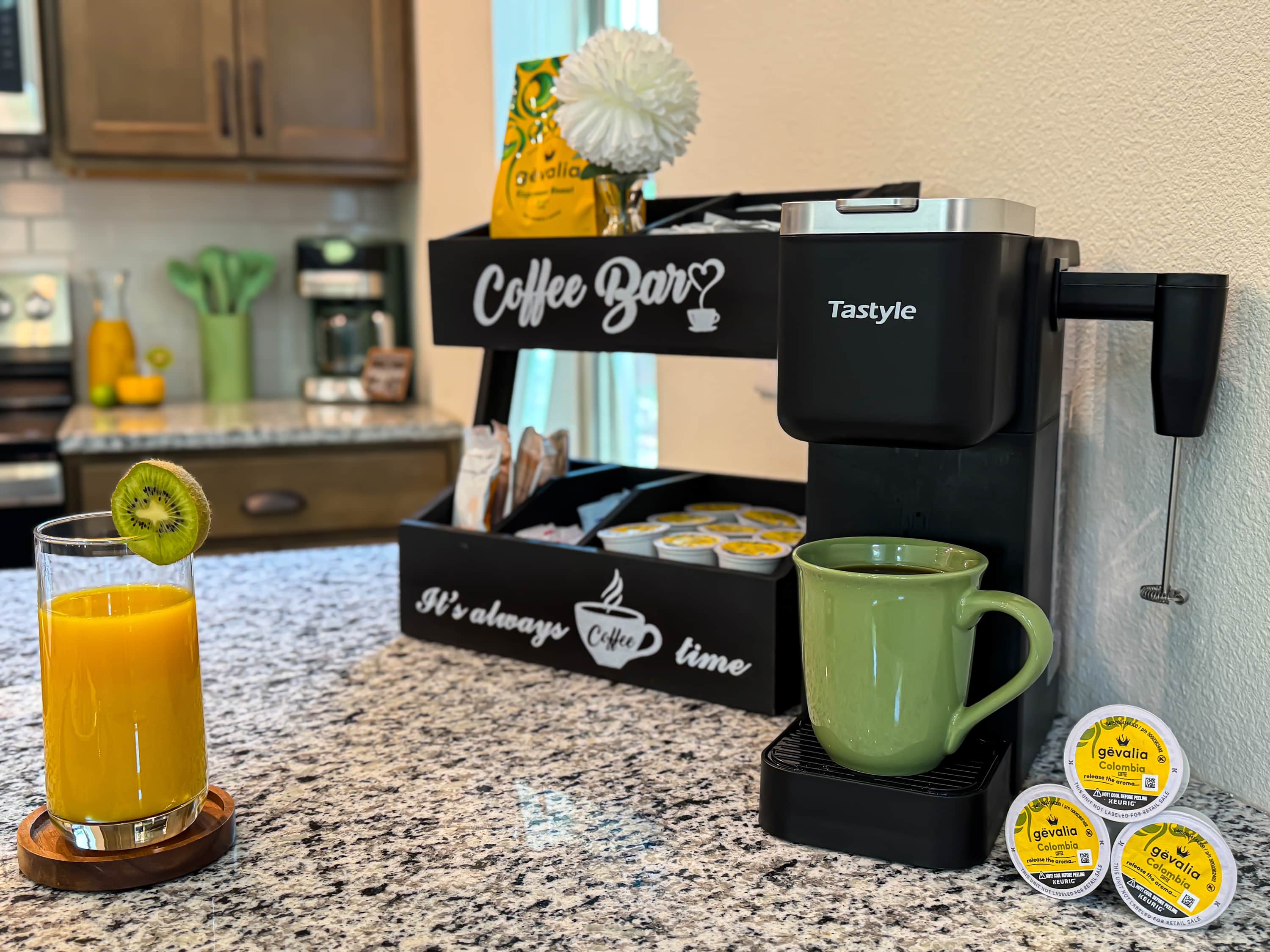 Wake up to the aroma of possibility at the fully stocked coffee bar—featuring single-serve brewers with frothers, full-pot options for a crowd, and a variety of sweeteners to suit every taste. Whether it’s a slow morning ritual or a midday pick-me-up