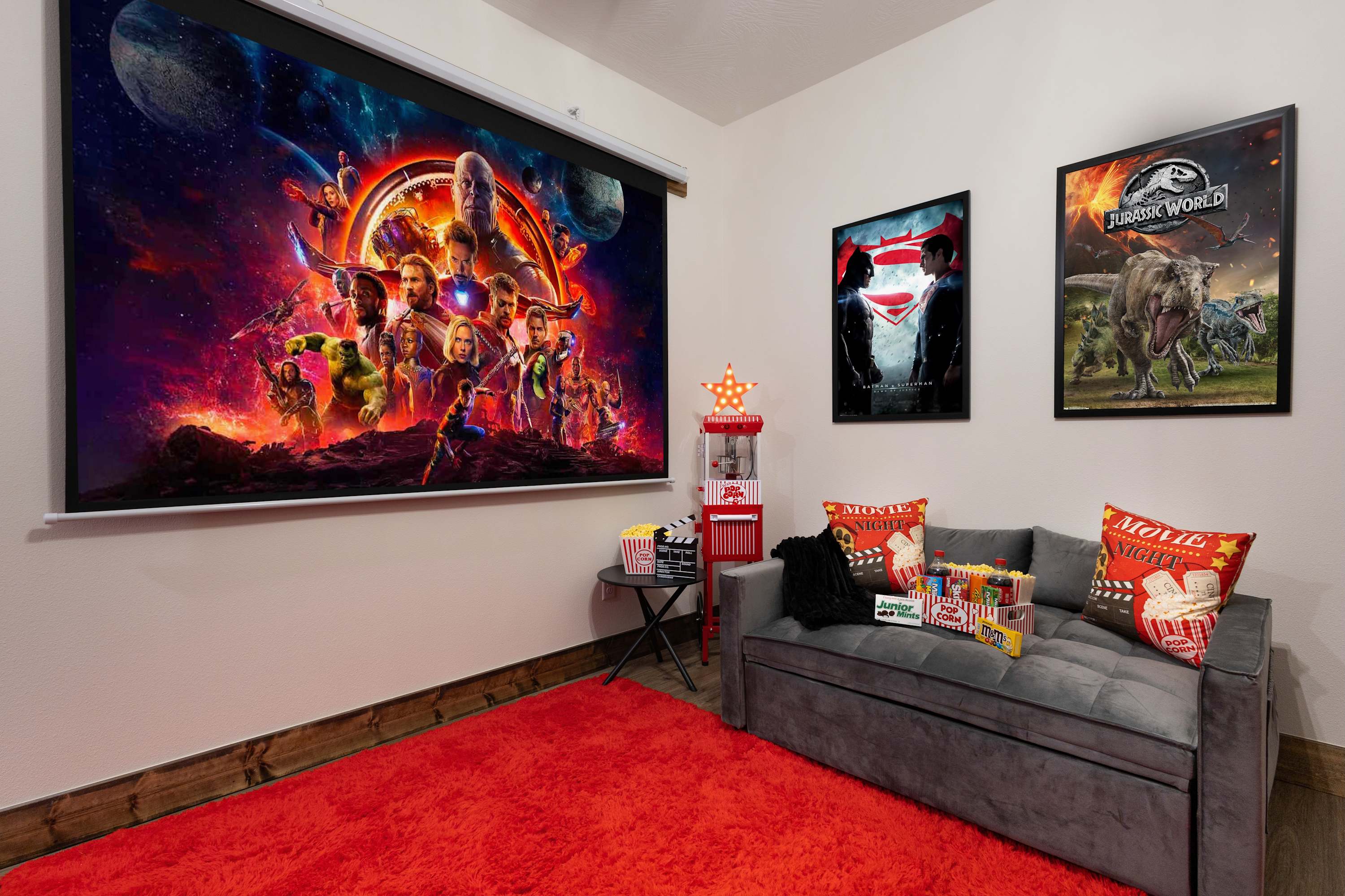 The movie room at Adventure's Edge features a big screen for cinematic experiences that rivals any theatre in town.
