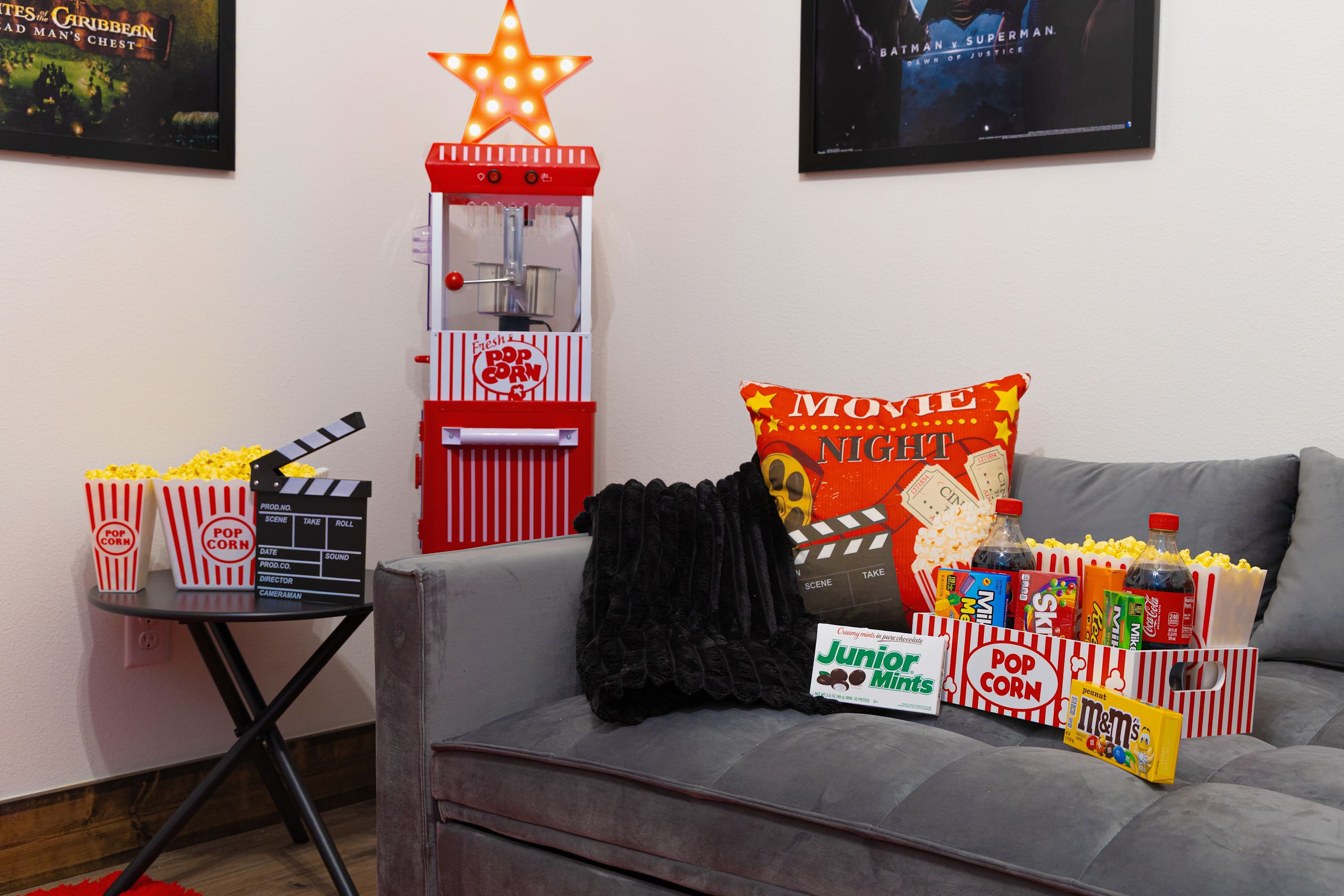 Grab your favorite movie candy, pop some fresh popcorn in the theatre-style machine, and settle in for a big-screen movie night—your private cinema experience awaits!