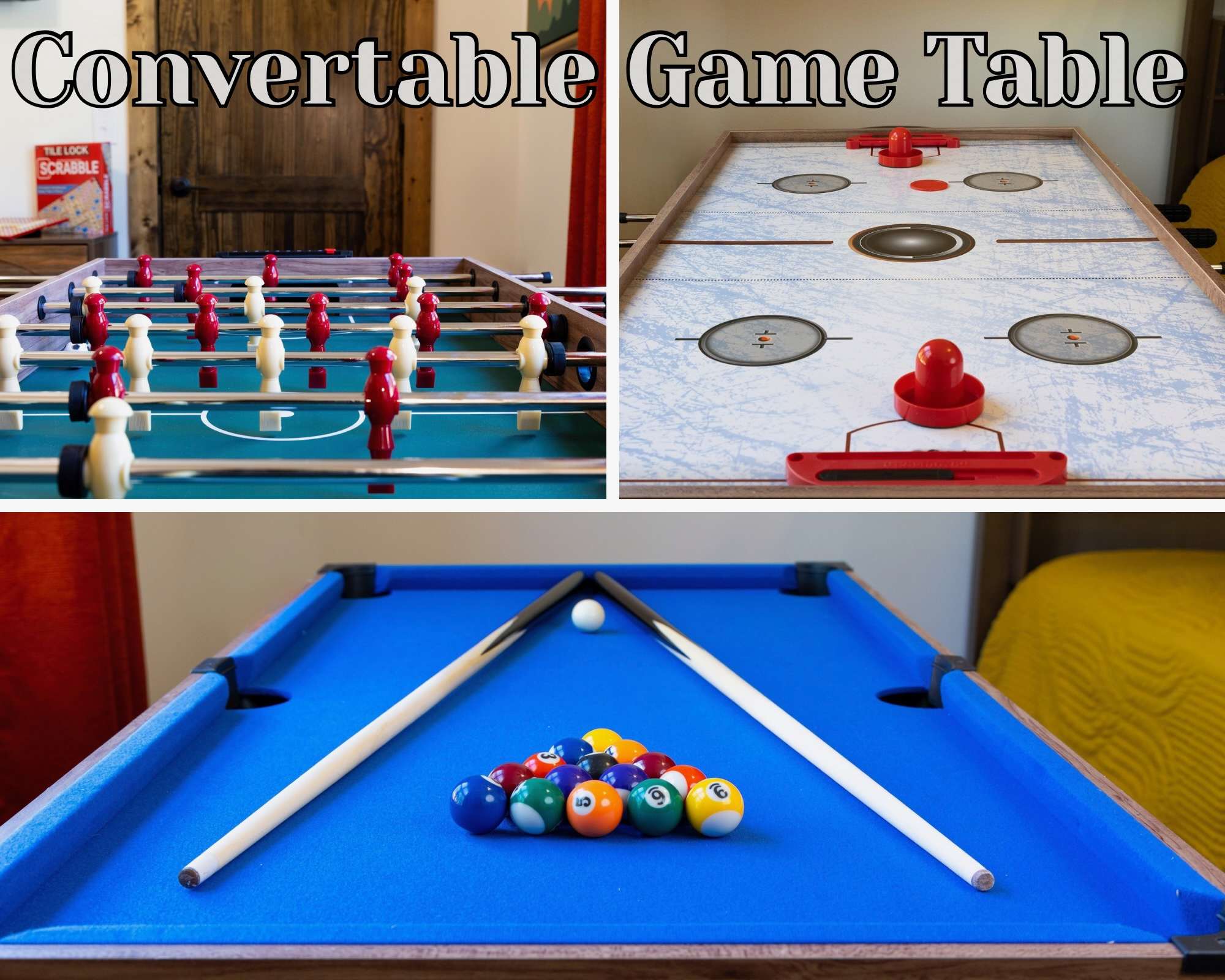 Guests can challenge each other at the multi-game table (which converts into a foosball table), enjoy a friendly match at the air hockey table, or test their skills on the pool table.