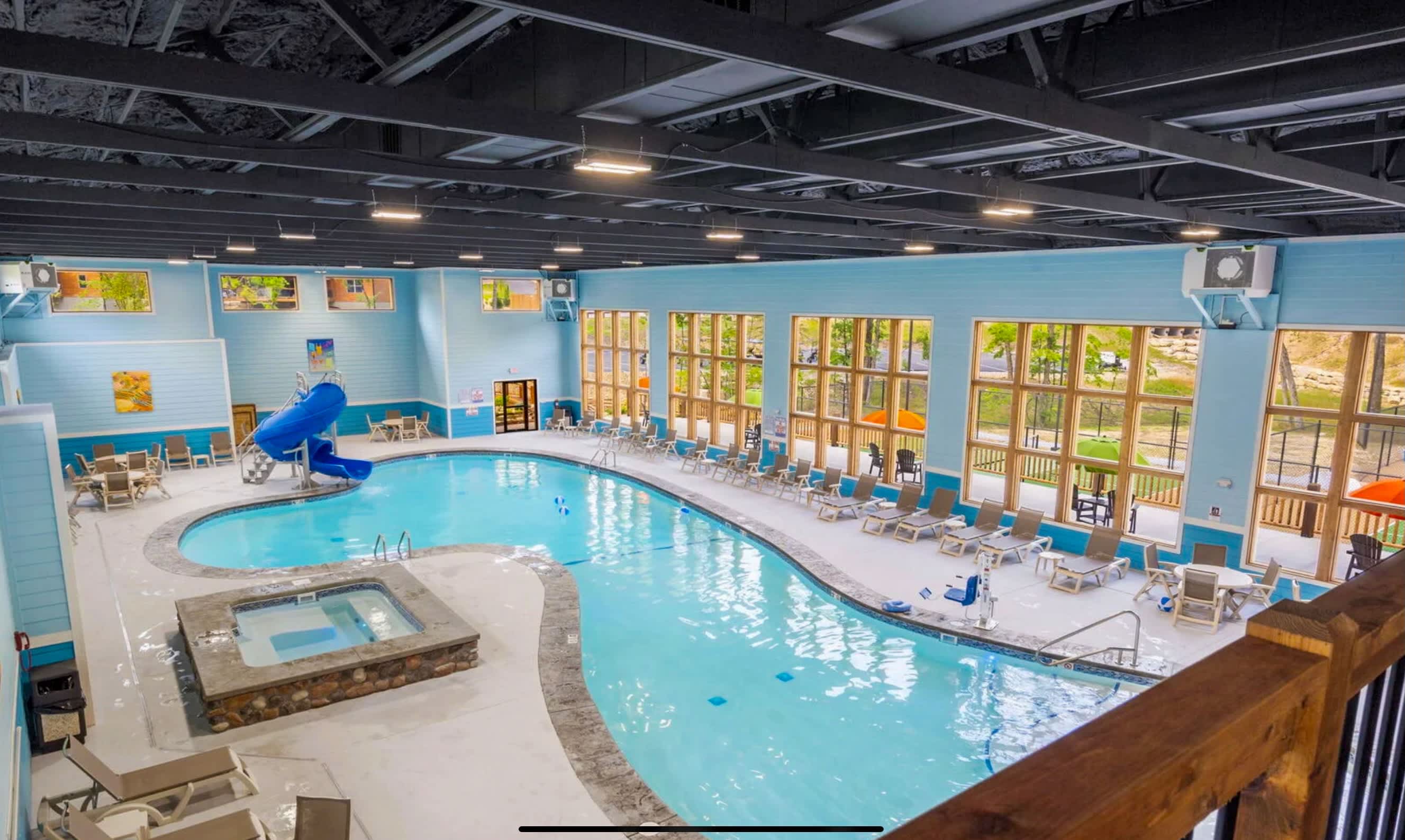 Rain or shine, dive into fun with our indoor pool, complete with a tube slide, hot tub, and an upper deck with a view.