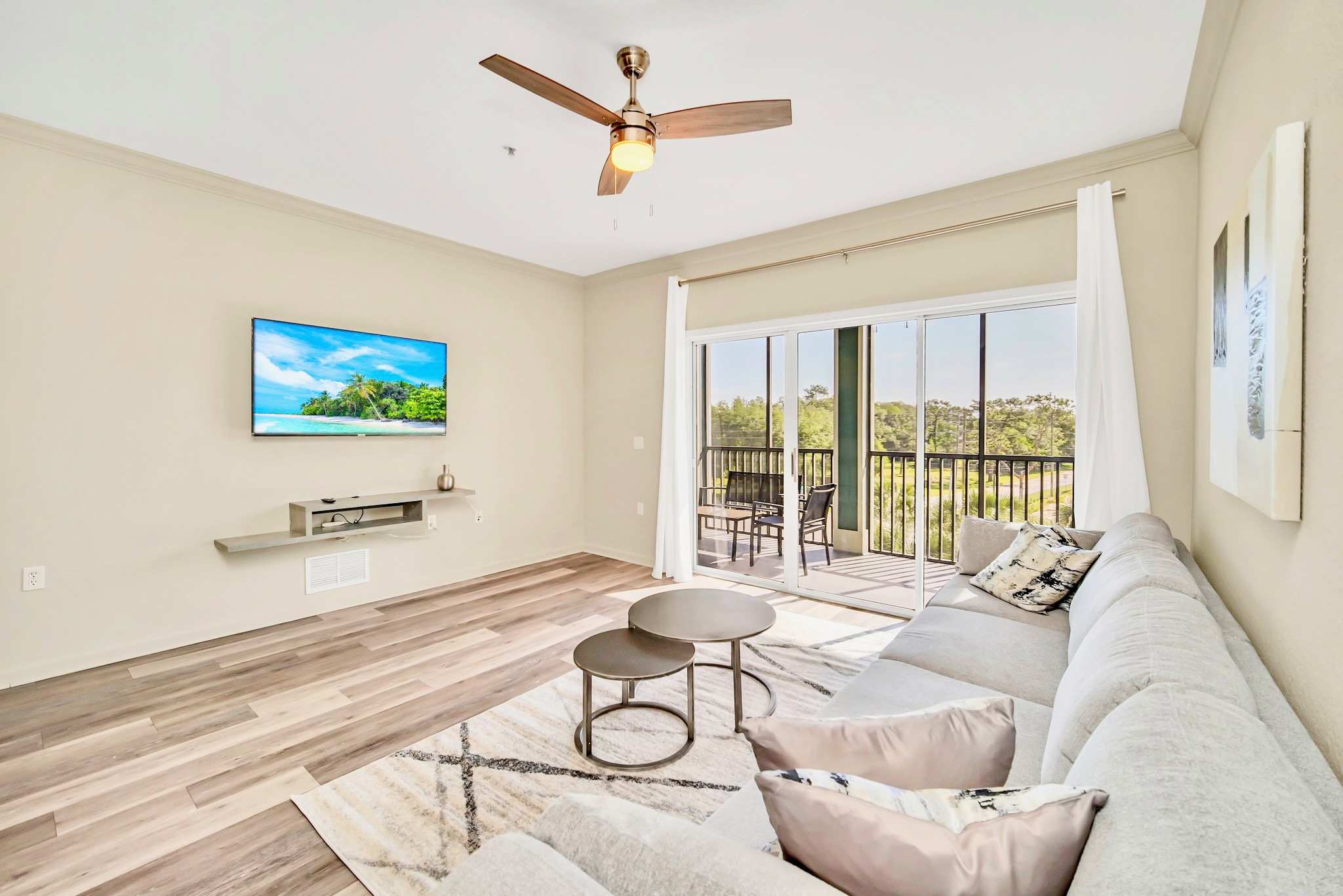 Bright and spacious living room with smart TV