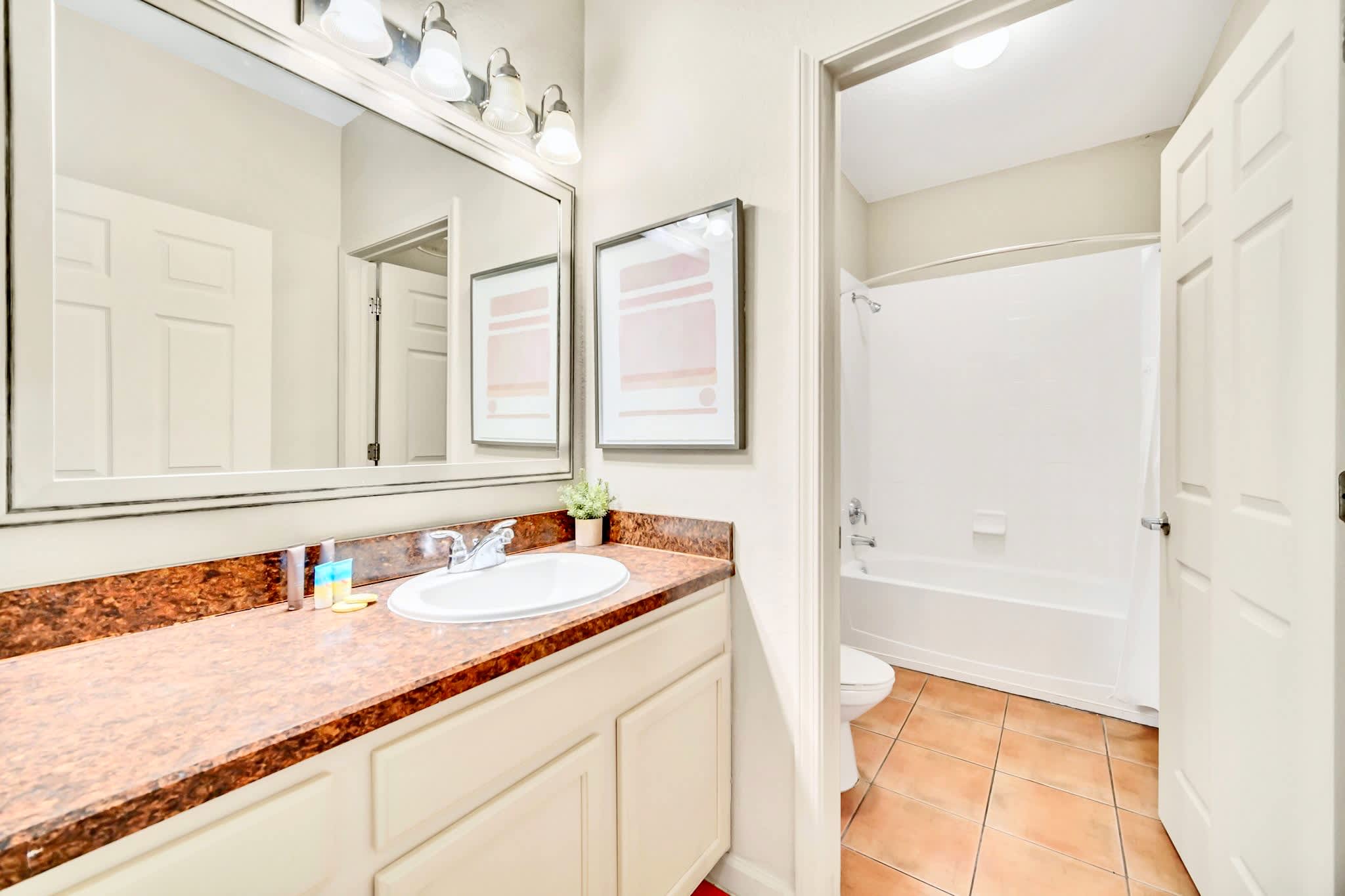 Full bathroom with combined bathtub and shower