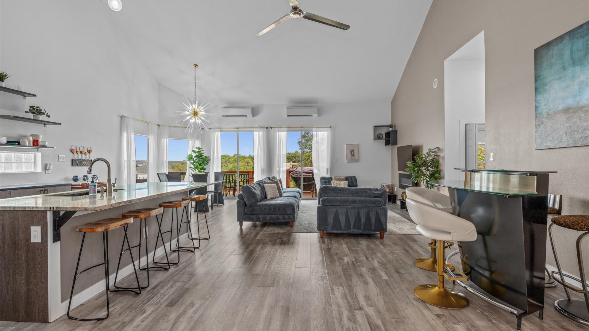 Open-layout kitchen and bar area