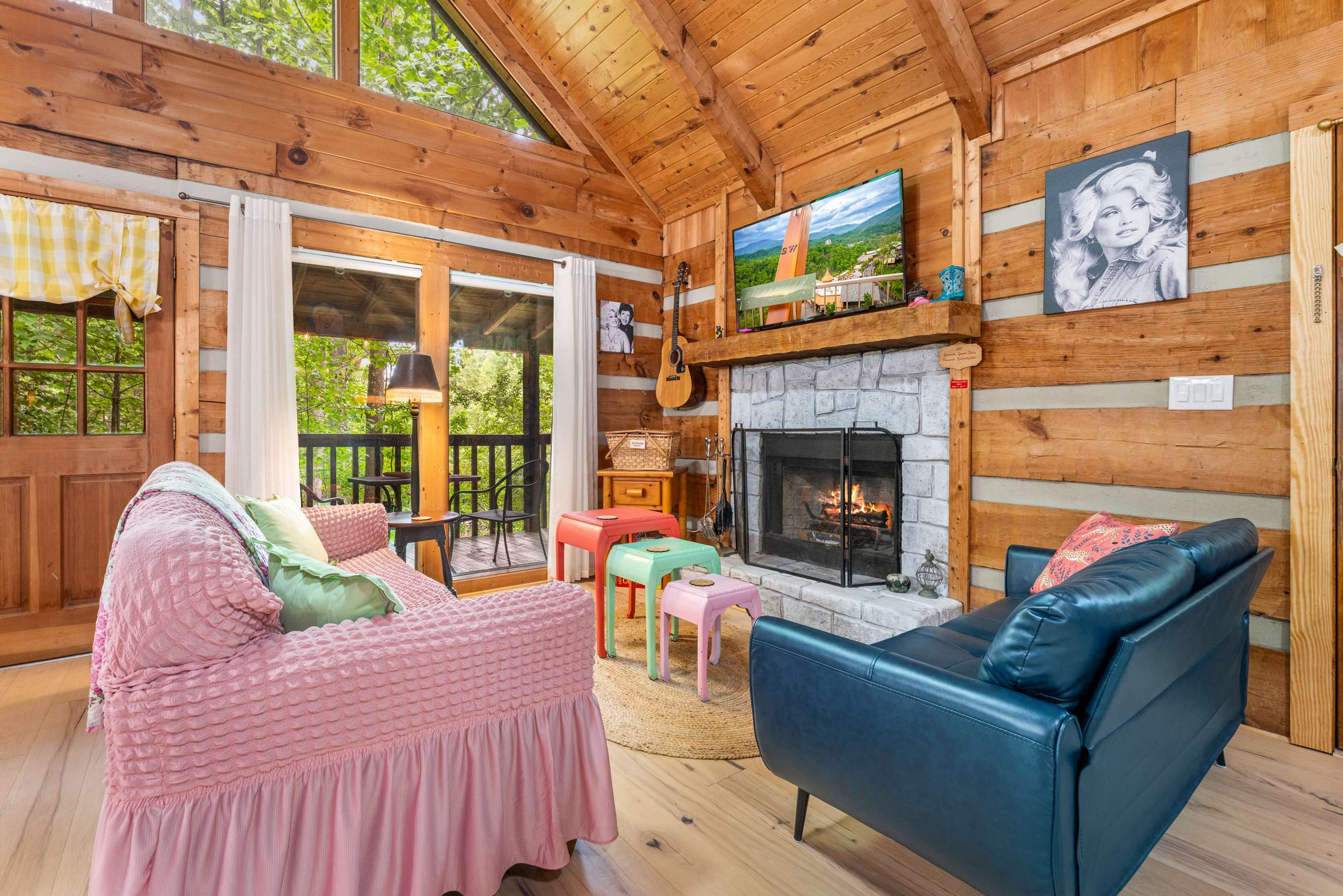 Cozy up by the stone fireplace after a day of mountain adventures!