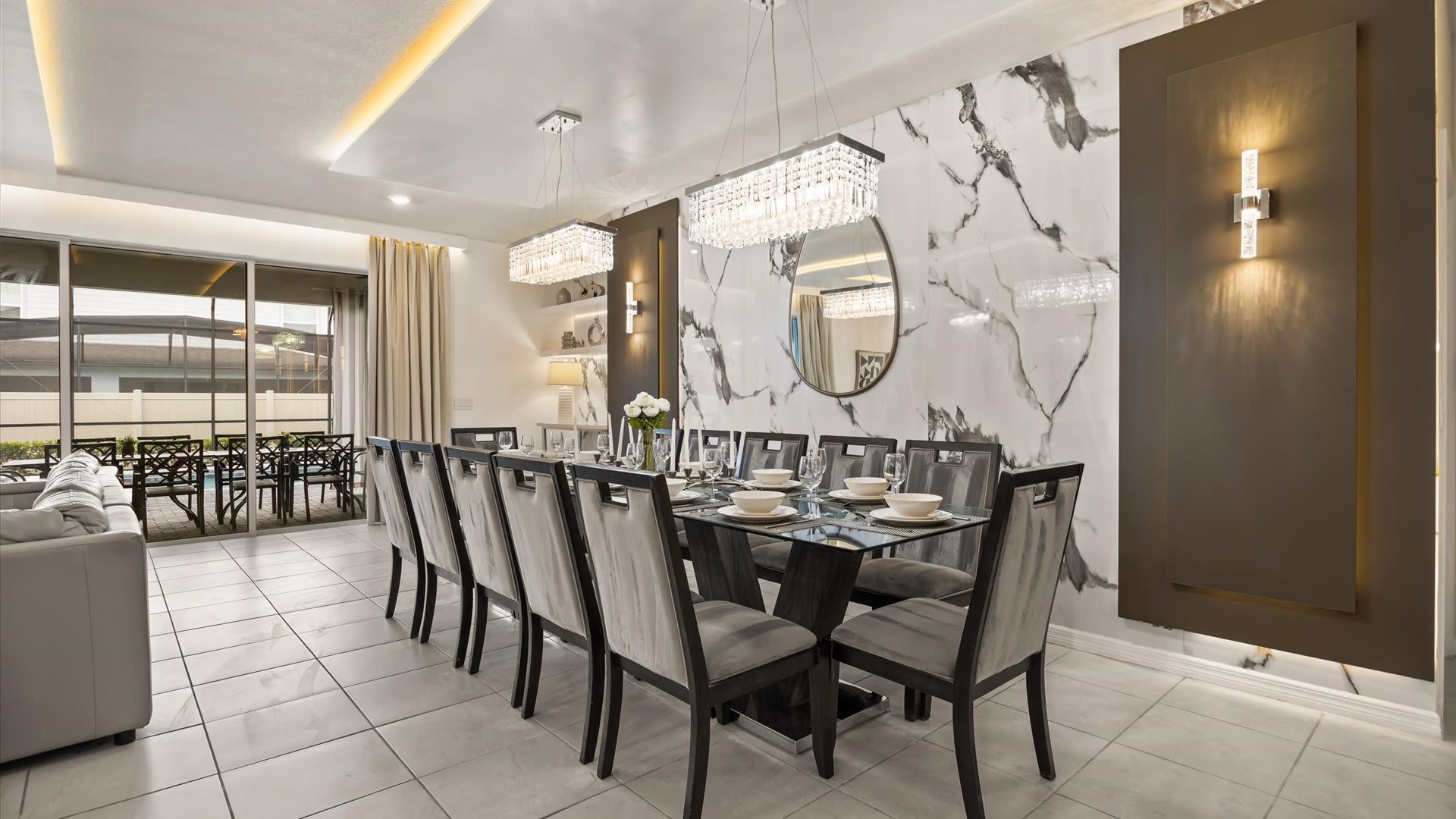 Indoor dining area with seating for 12 guests