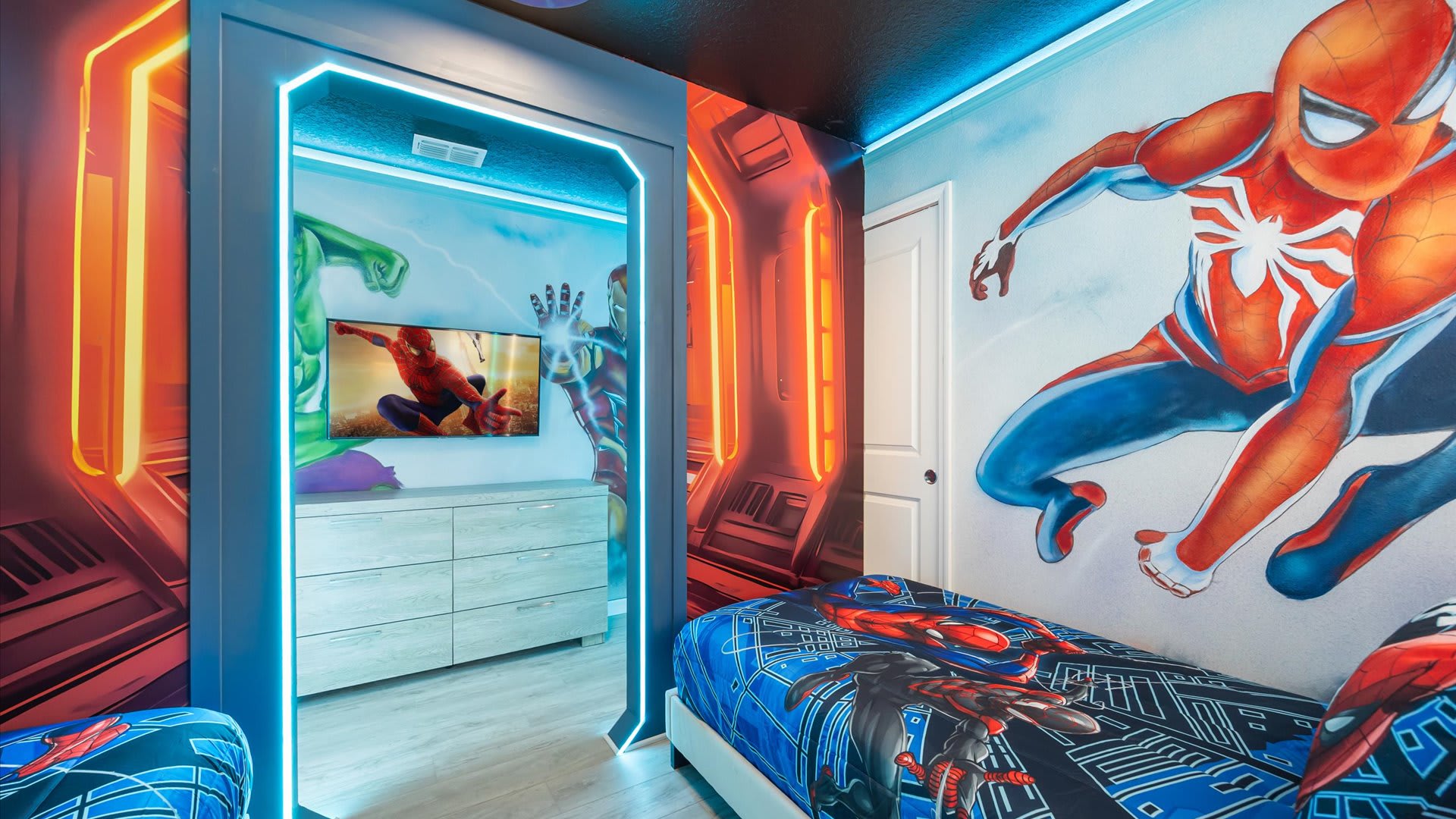 Spider Man themed bedroom with 2 single beds