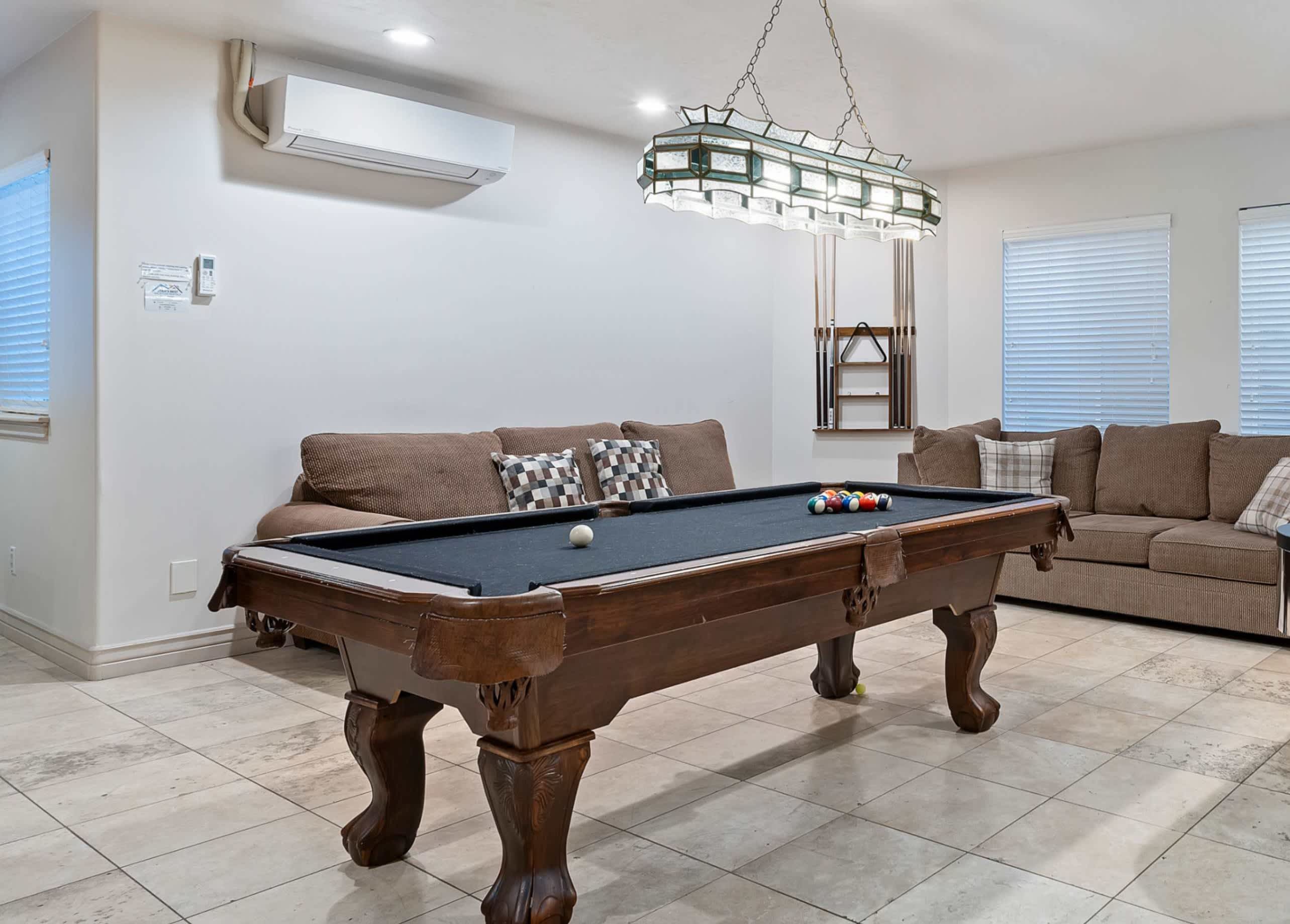 Open game room: pool, foosball, ping pong