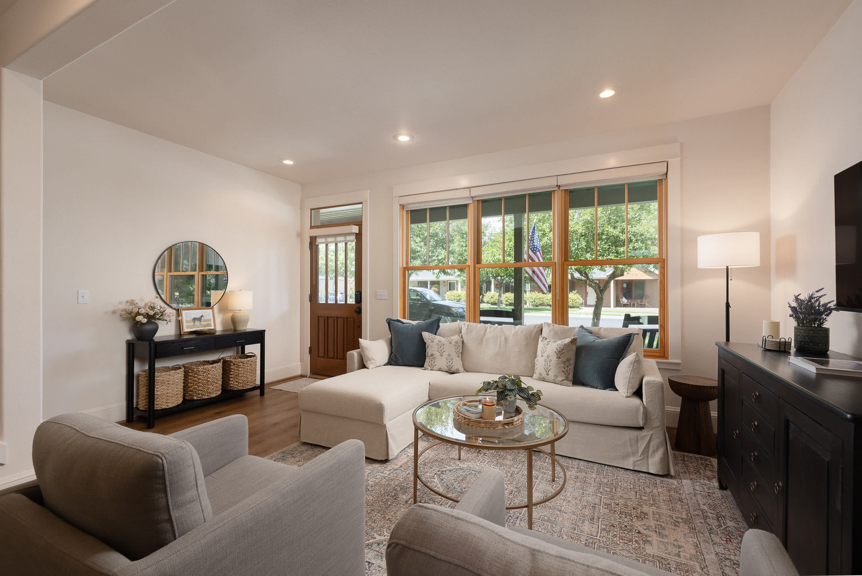 Lower living room and entry with smart TV