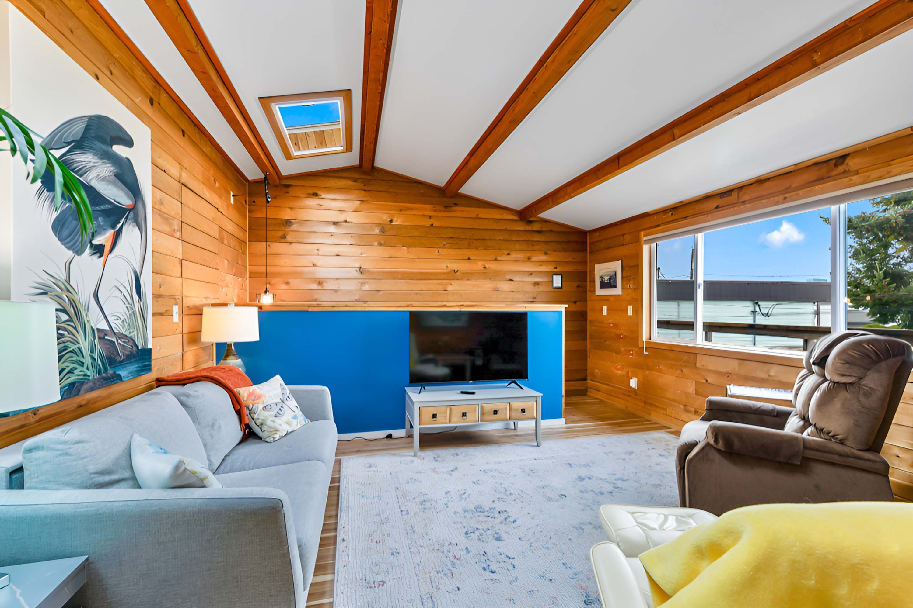 Living room with cedar walls.