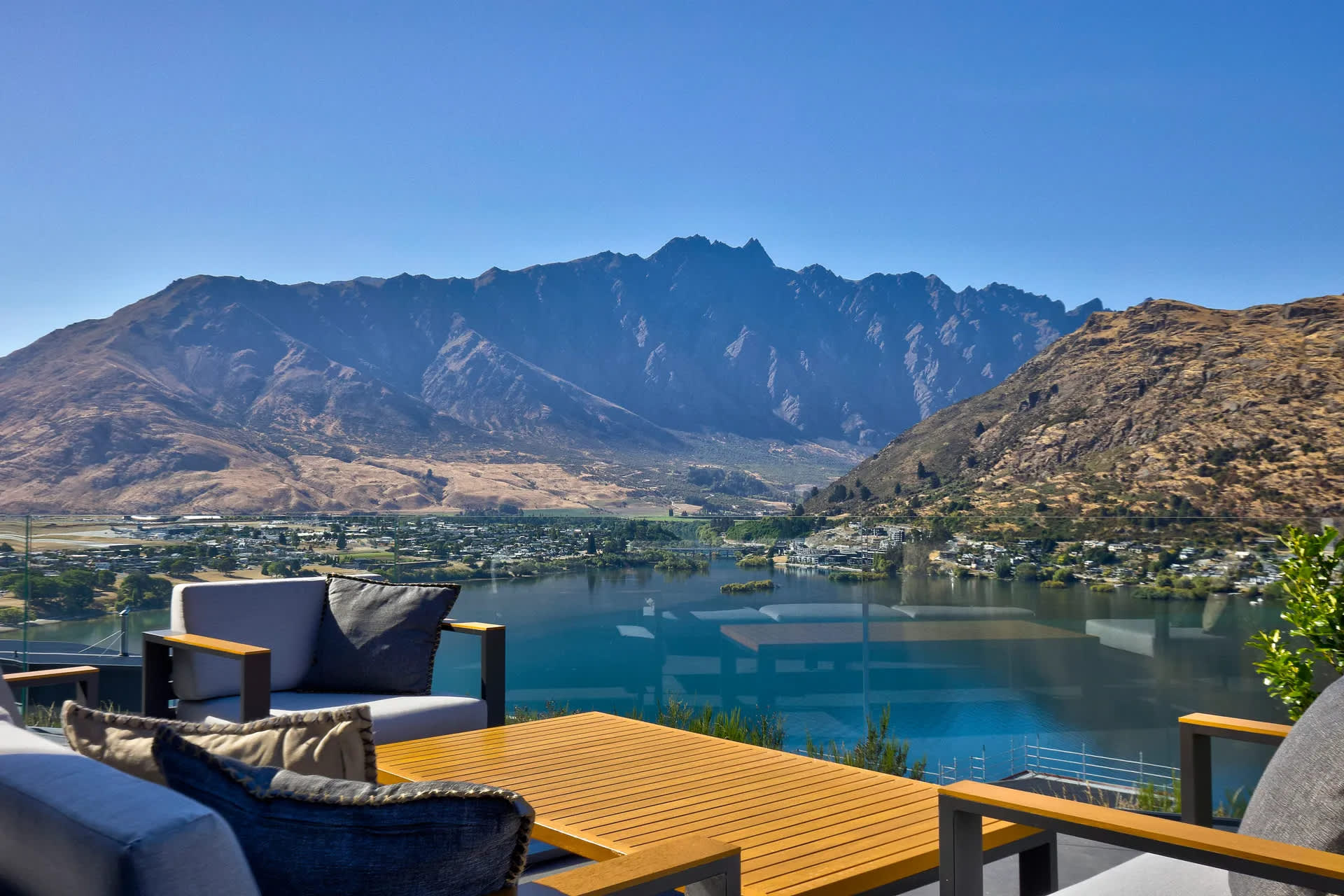 Spacious balcony with hot tub and panoramic views