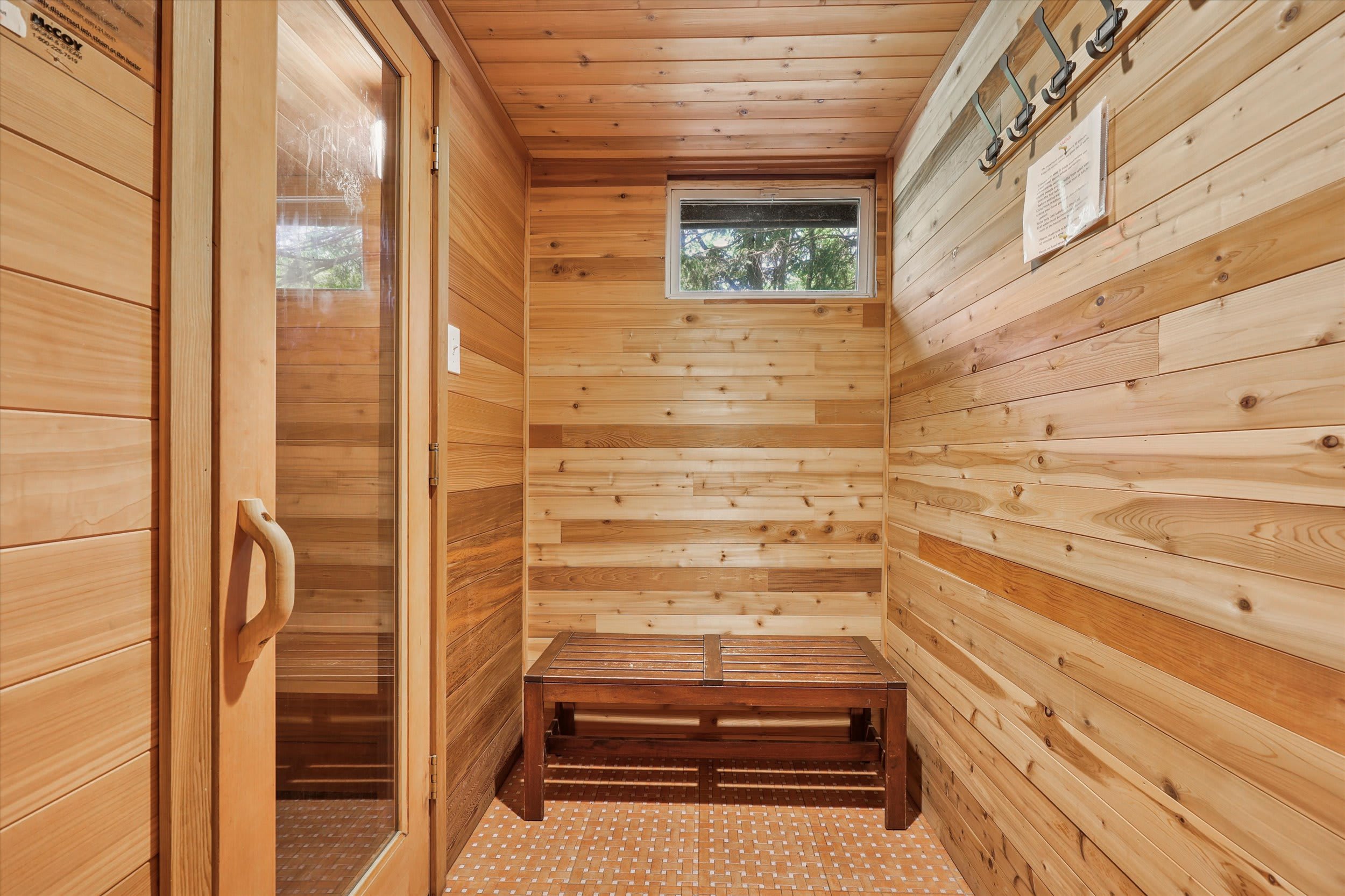 Warm up in the cedar-lined sauna after a day of exploring the trails and lake.