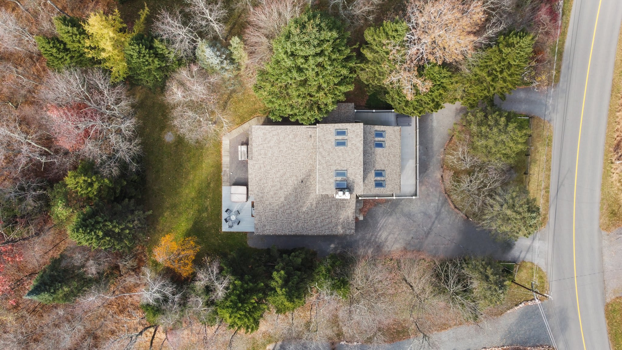 A bird's eye view of your Poconos getaway, tucked into the trees.