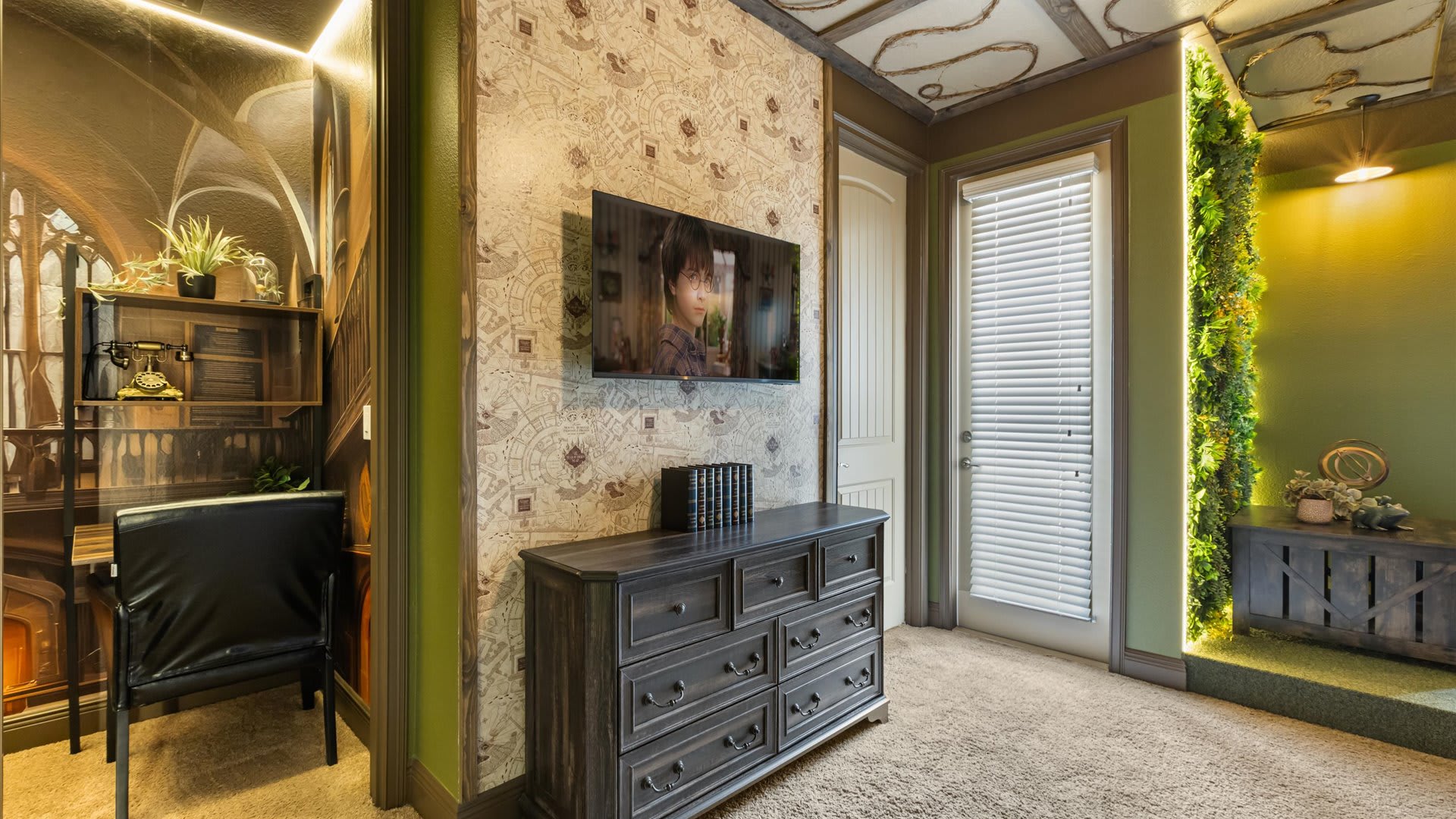 Harry Potter themed bunk bedroom with smart TV