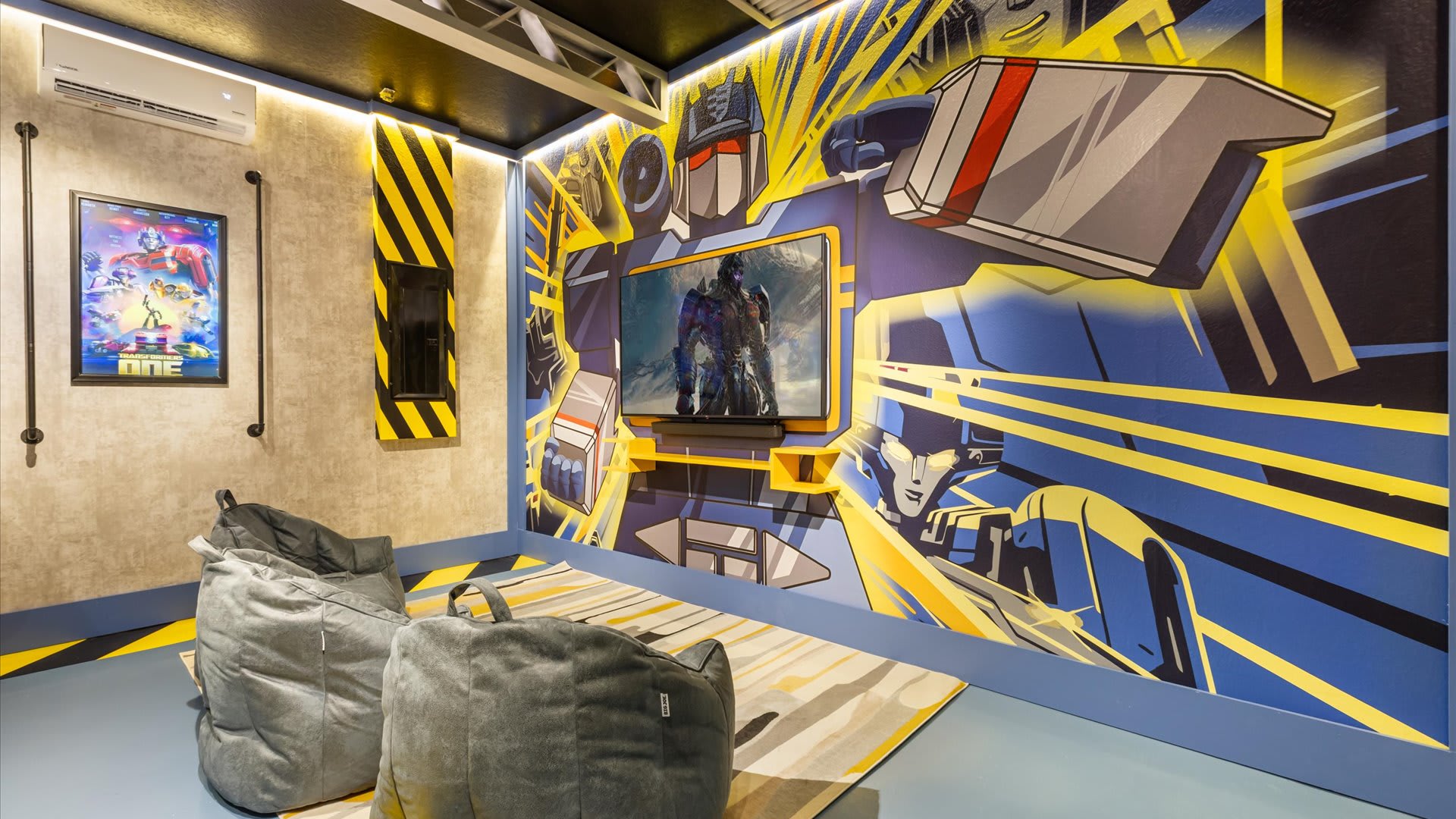 Transformers themed games room with smart TV