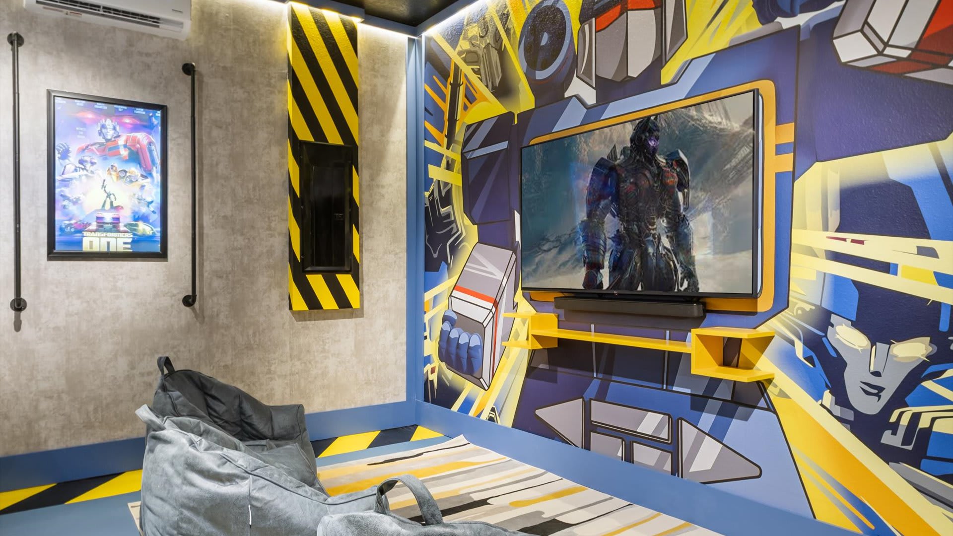 Transformers themed games room with smart TV