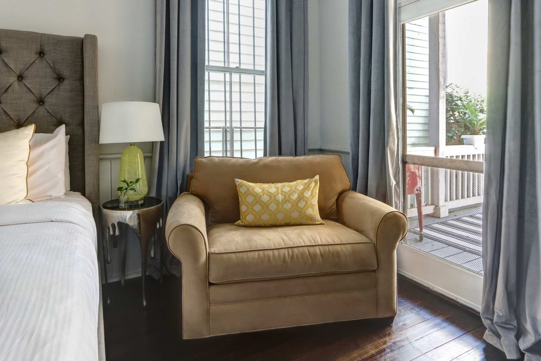 This chair has a pullout twin mattress in it if you have any little ones needing their own bed!