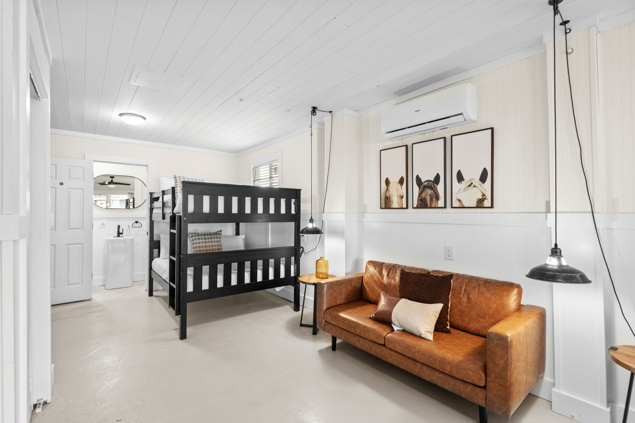 Queen bed and bunk beds