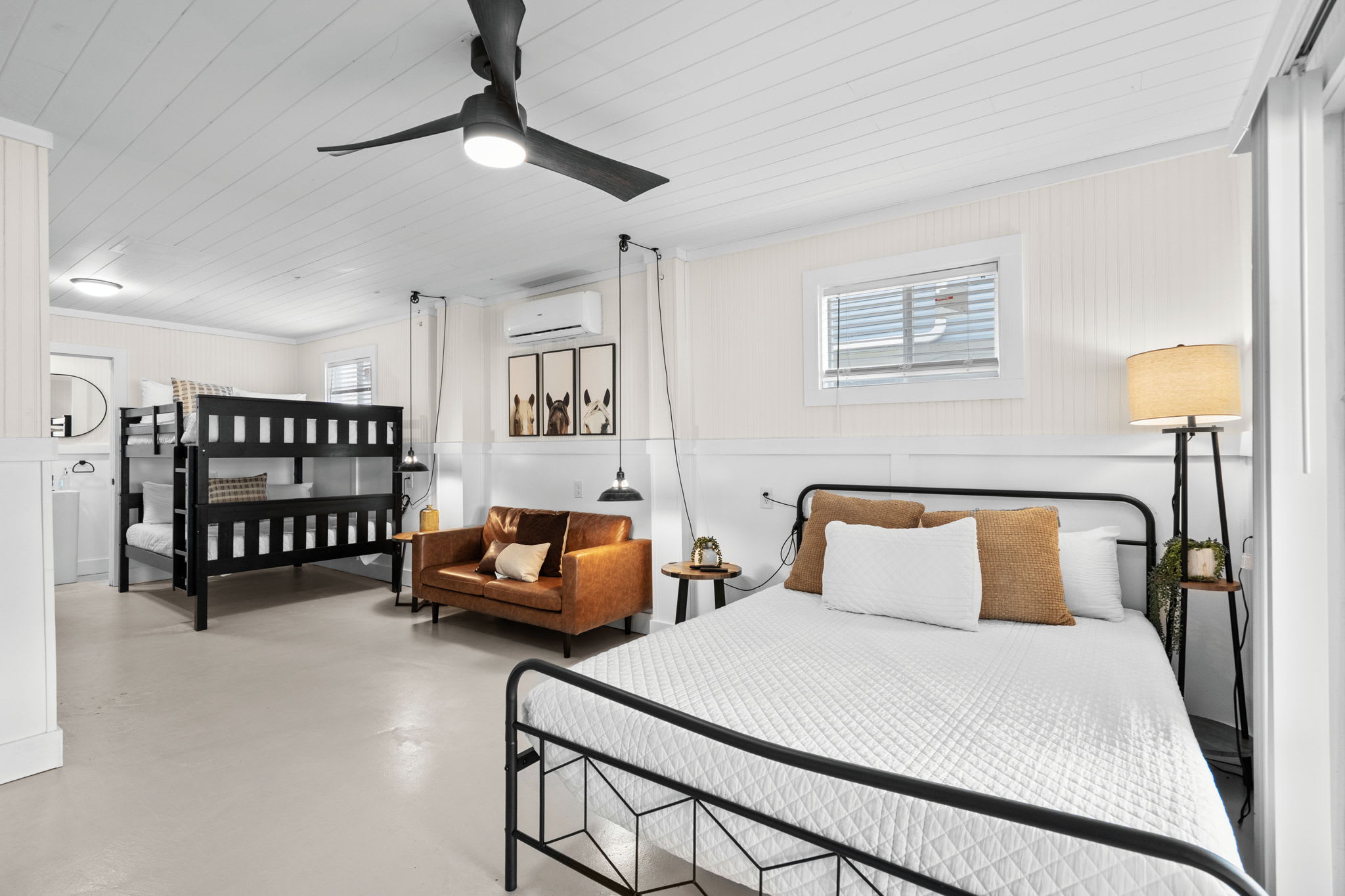 Queen bed and bunk beds