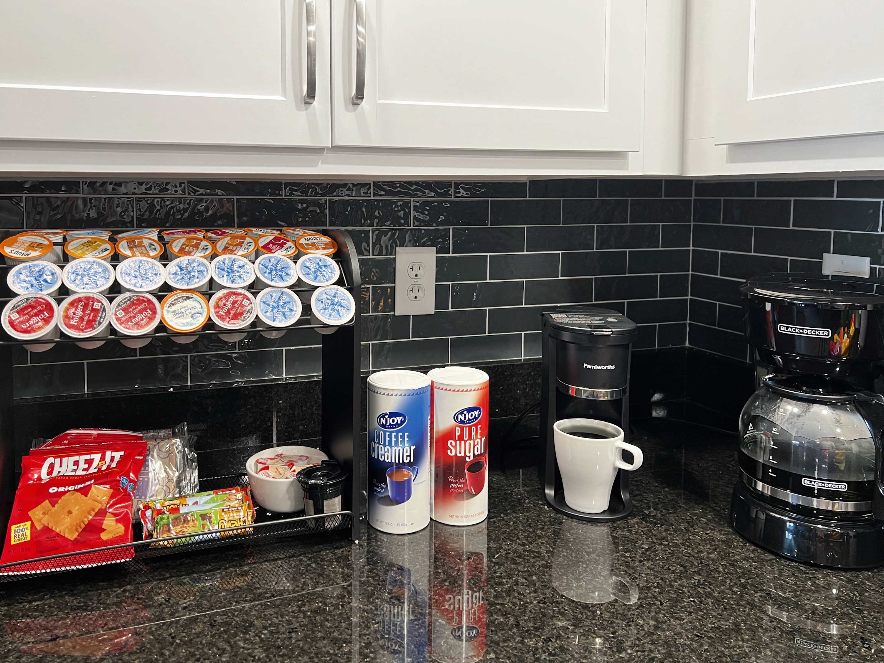 Complete coffee bar and snack tray for your arrival. Variety of K cups provided