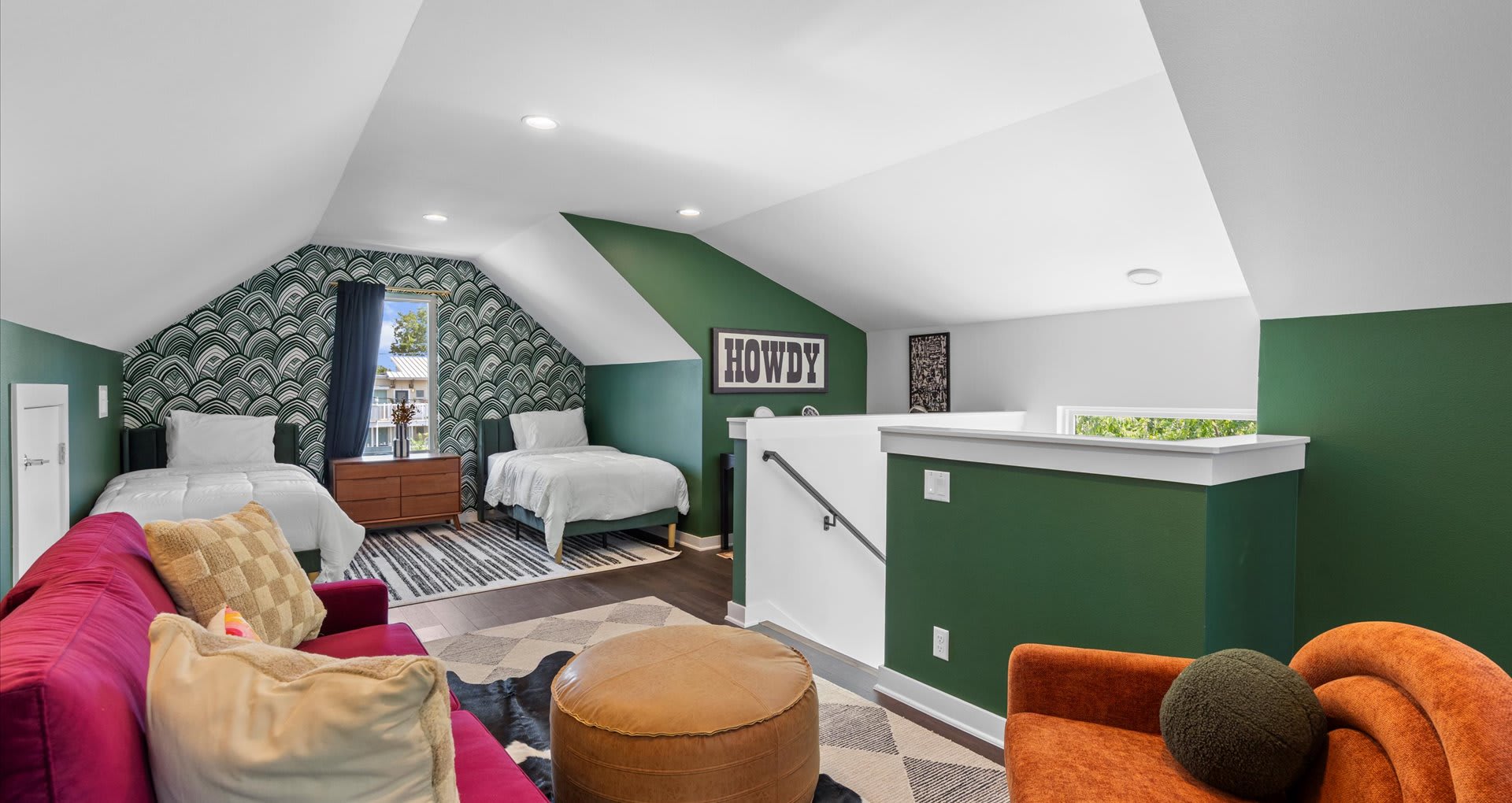 Vibrant bedroom featuring four single beds, styled with bold tones of olive green, burnt orange, and rich burgundy furnishings