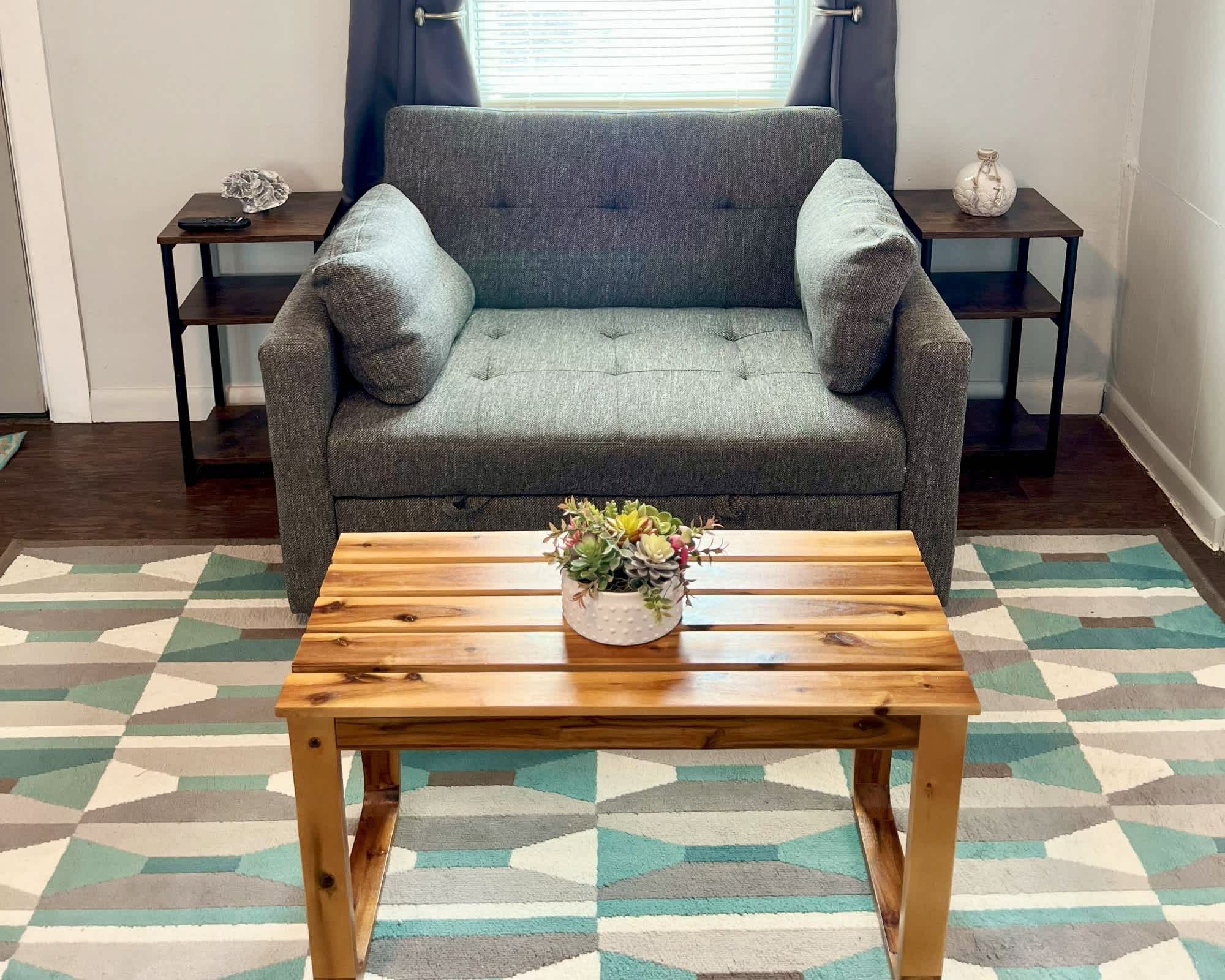 Cozy living space with small sofa sleeper and Smart TV