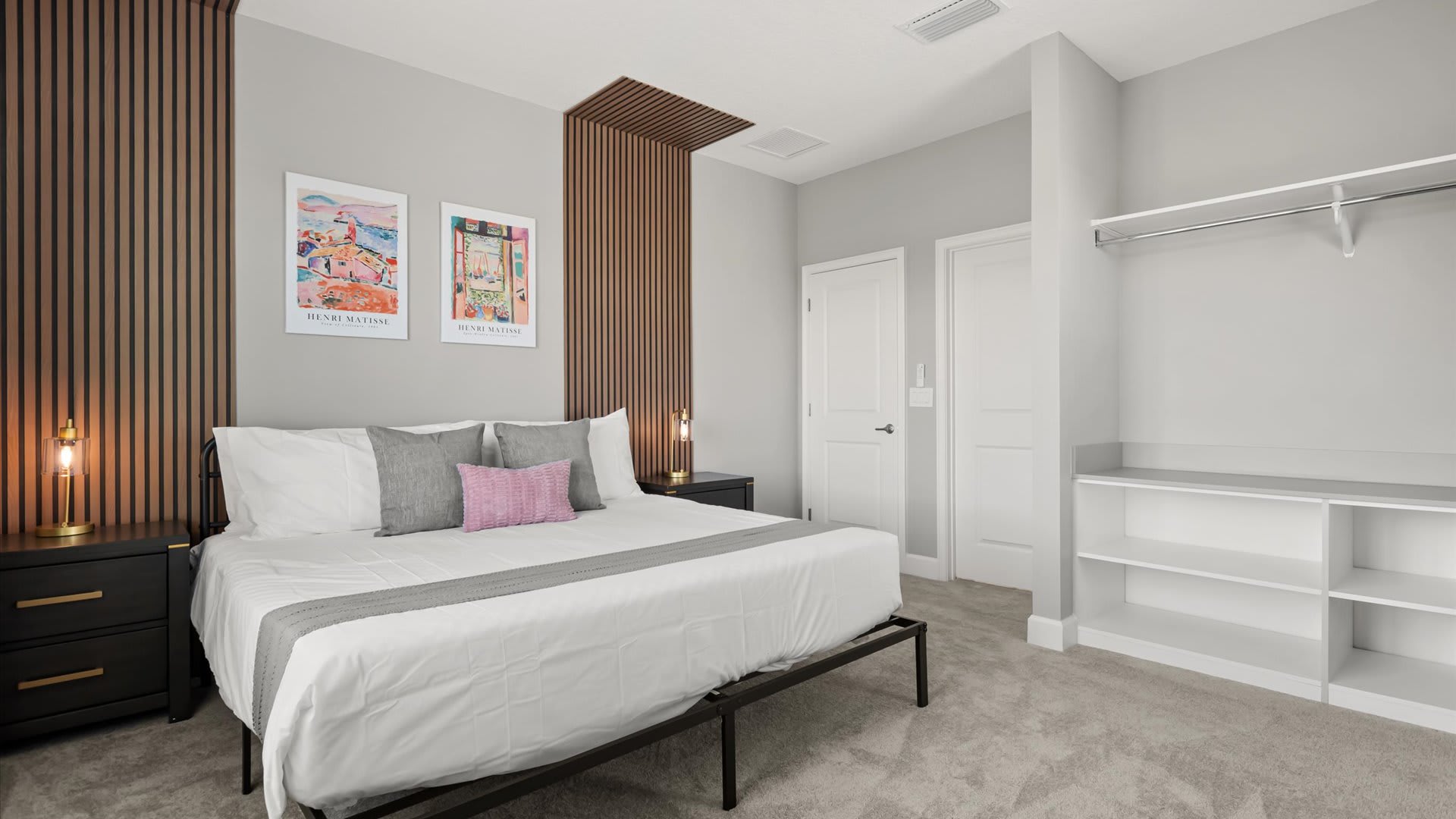 Queen bedroom with stylish wall decor