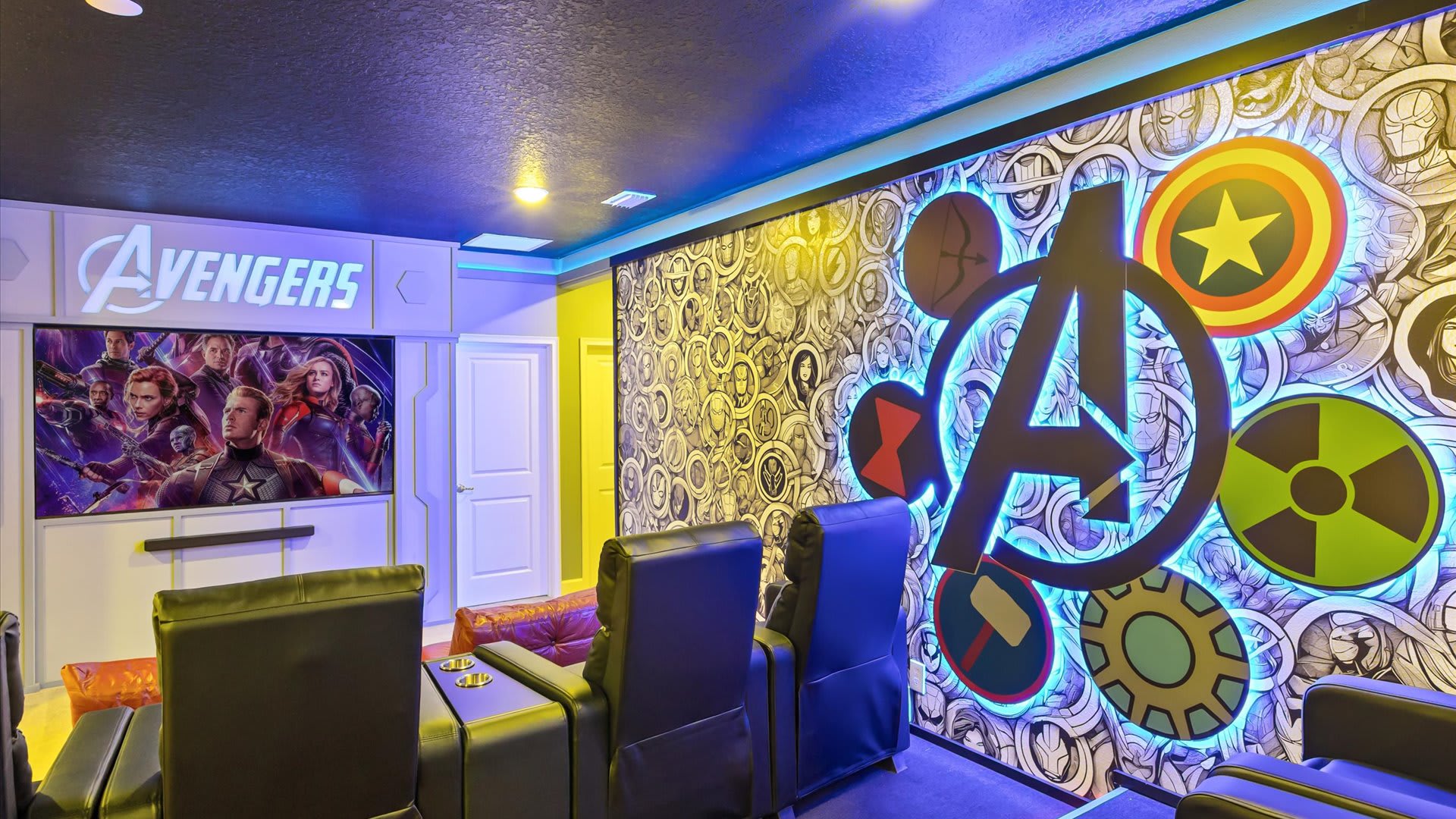 Avengers themed cinema room with recliner seats