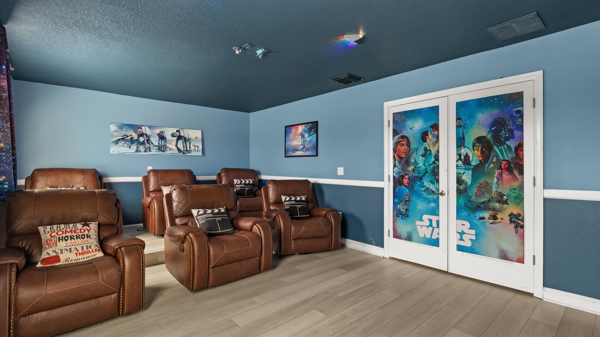 In-home Movie Theater: Transform movie nights into a cinematic experience in this dedicated theater room with plush seating and a big screen.