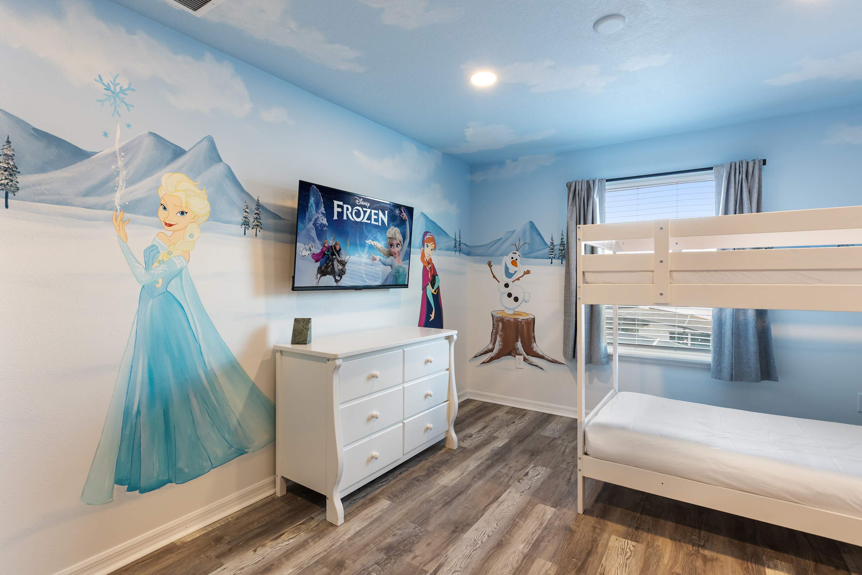 Bedroom 5 – Fun-filled frozen themed bunk room with two twin bunk beds