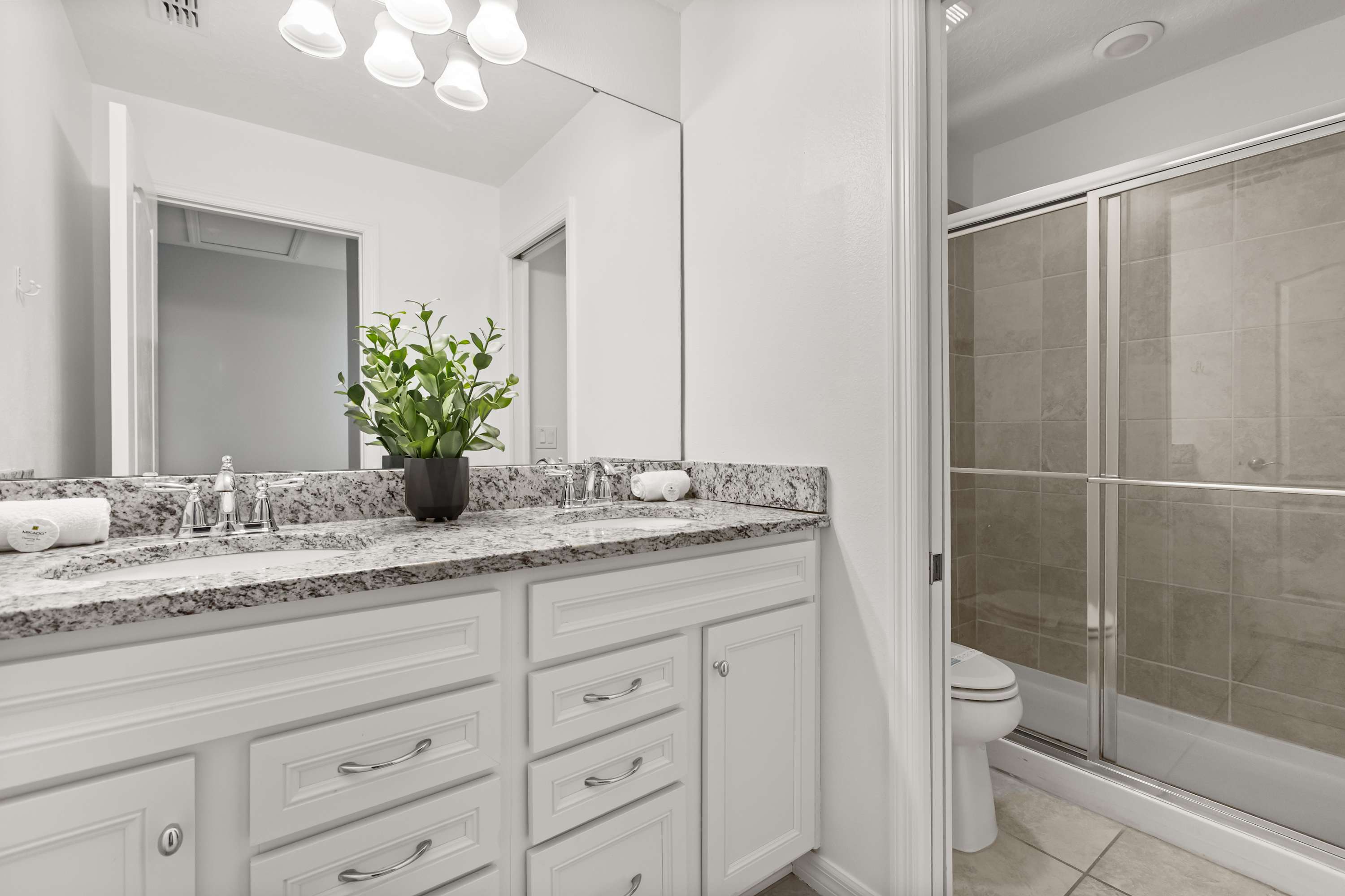 Full bathroom with double basin and spacious standing shower
