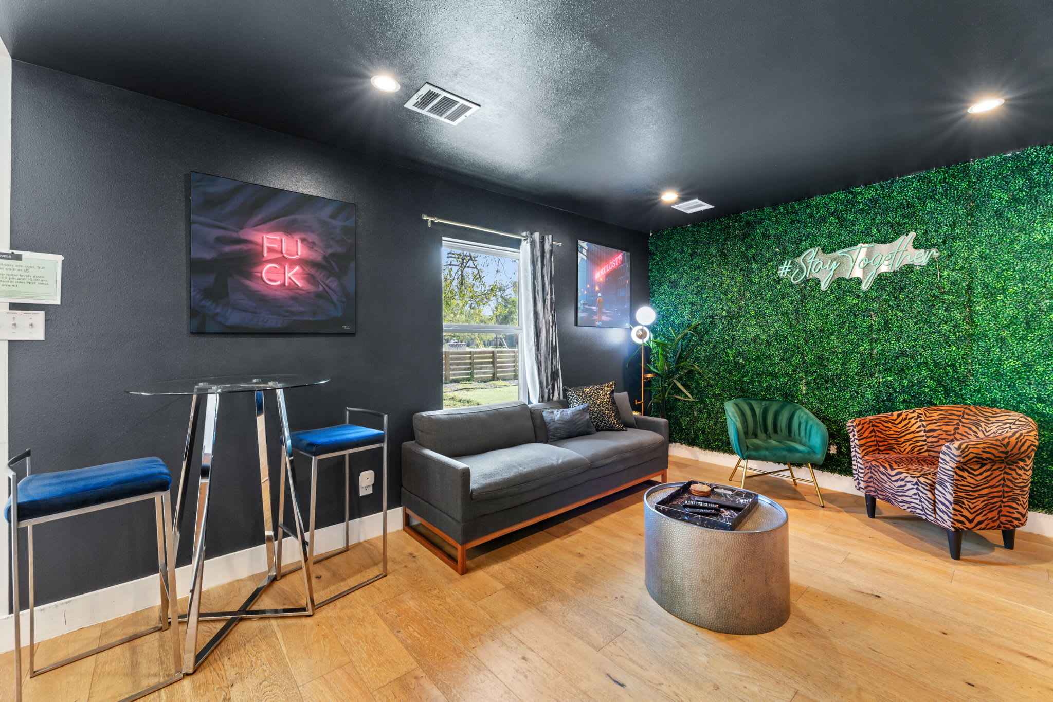 Cozy and trendy living area with Smart TV