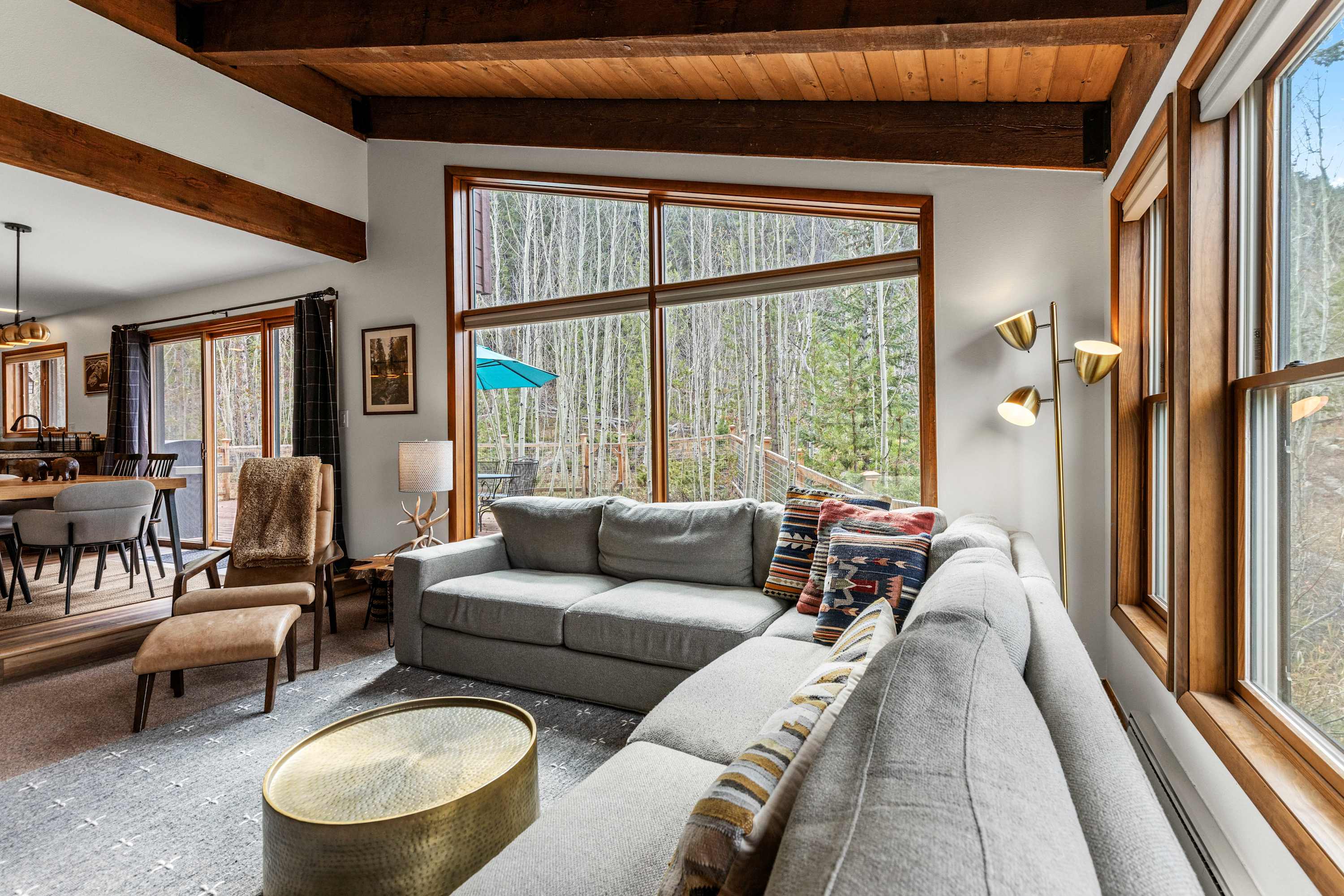 Relax by the fireplace in a cozy, sun-drenched living room with forest views!