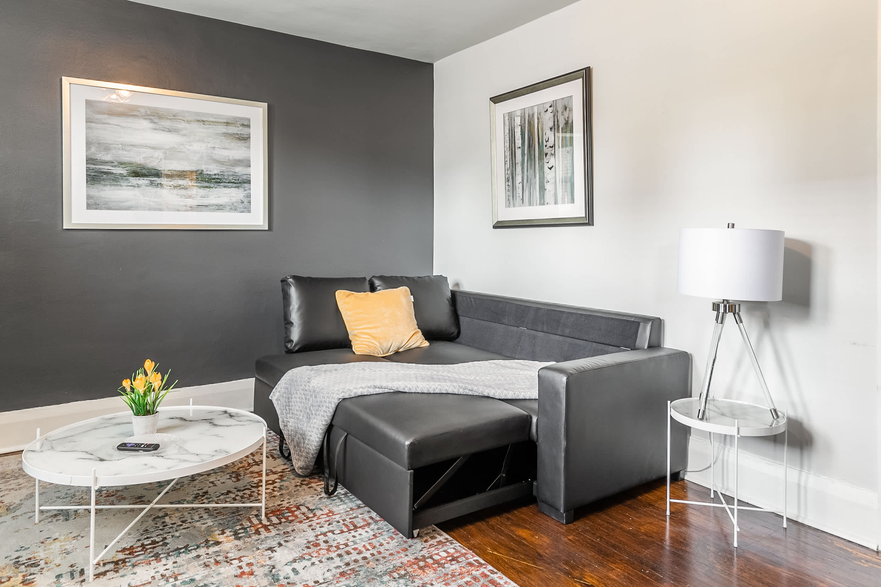 Spacious living room with smart TV and Sofa Bed