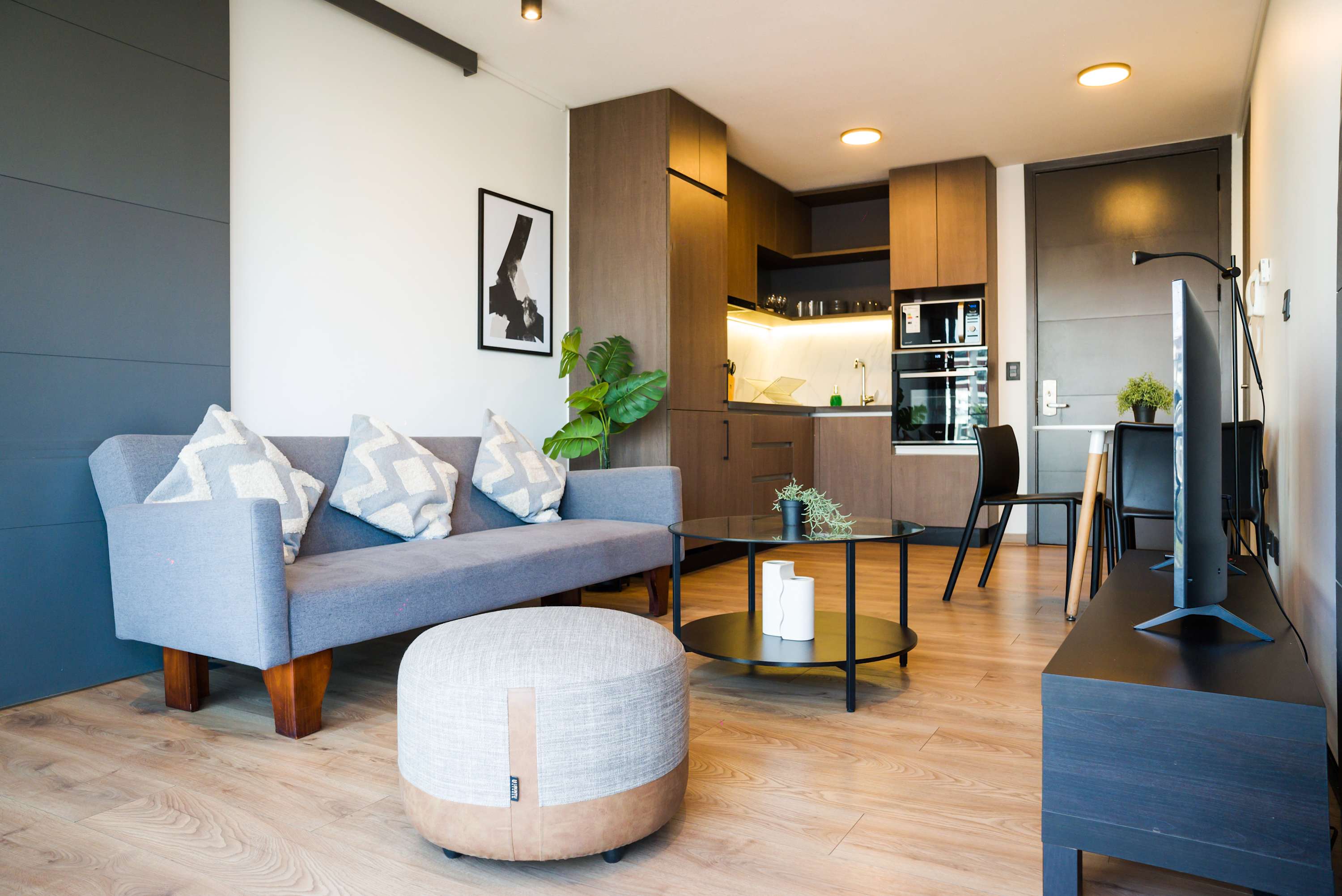 Cozy and modern living area with sleek kitchen, perfect for relaxation and entertainment in a stylish apartment.