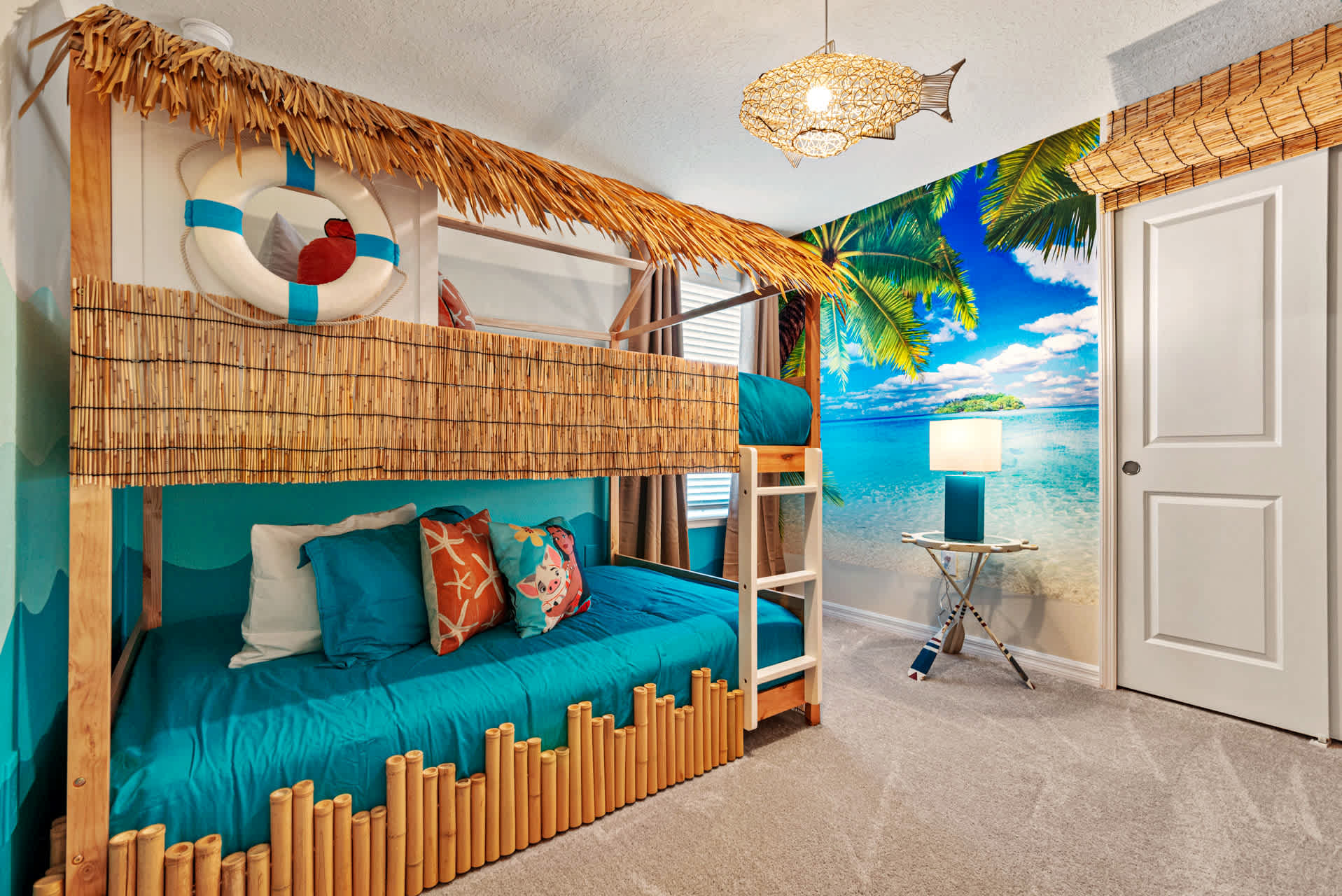 Escape to a tropical paradise in this themed bedroom with vibrant decor and a beach mural, perfect for a fun and relaxing stay.