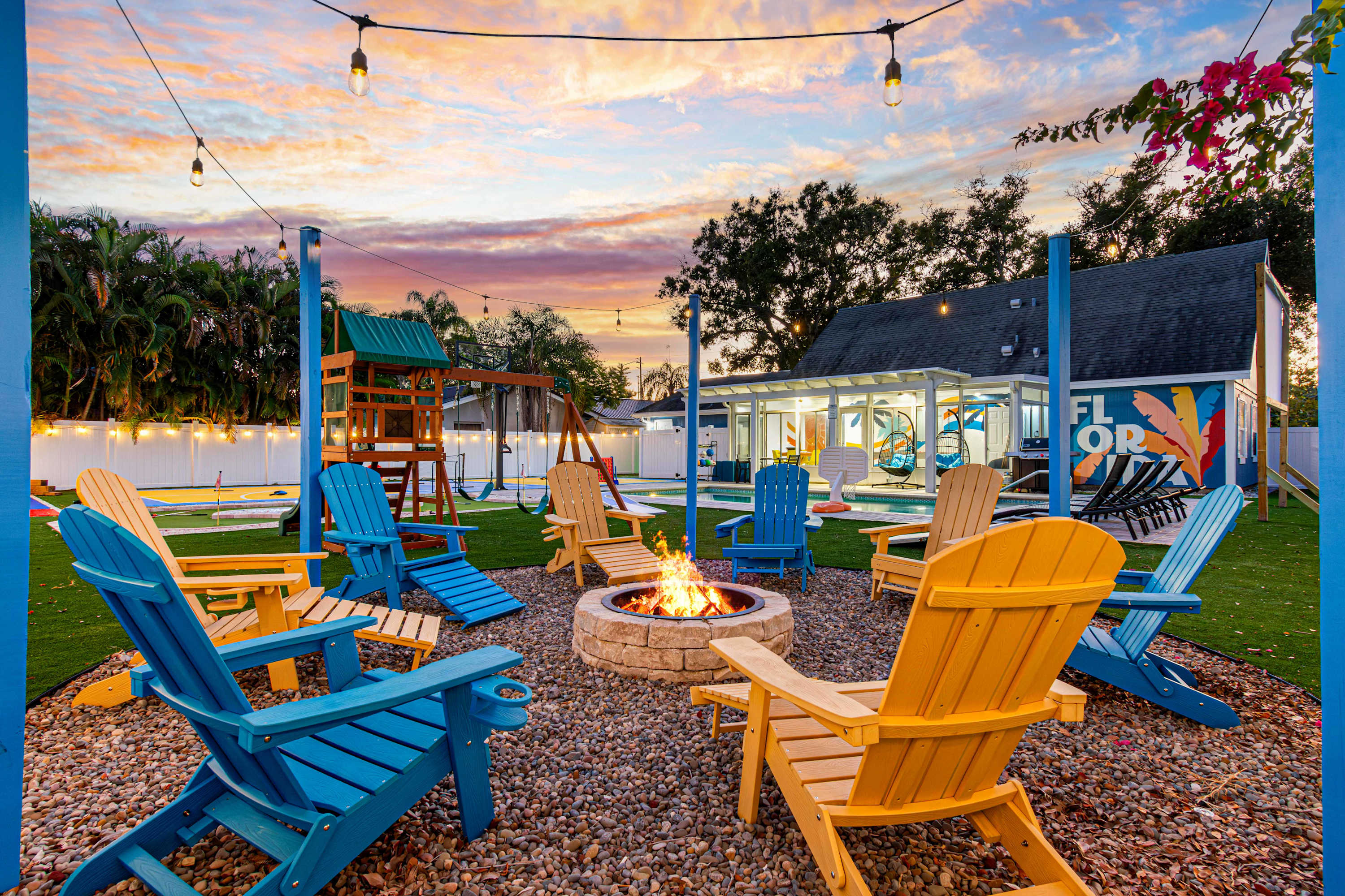 Backyard firepit with kids playset