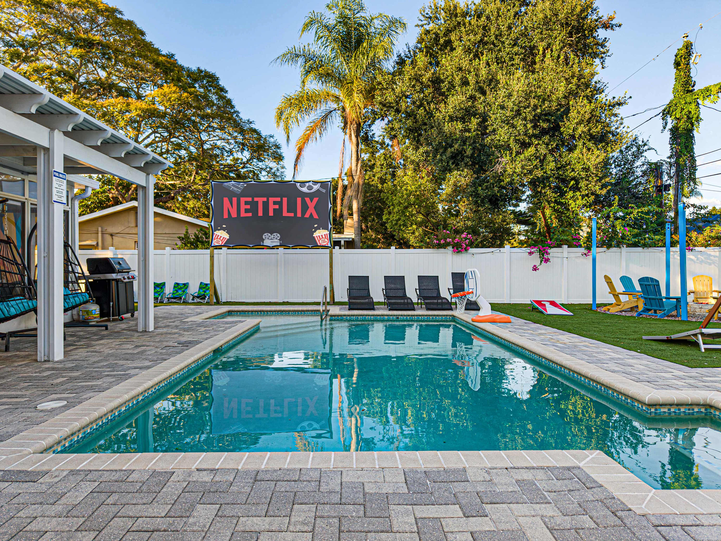Saltwater pool area featuring the backyard entertainment centre