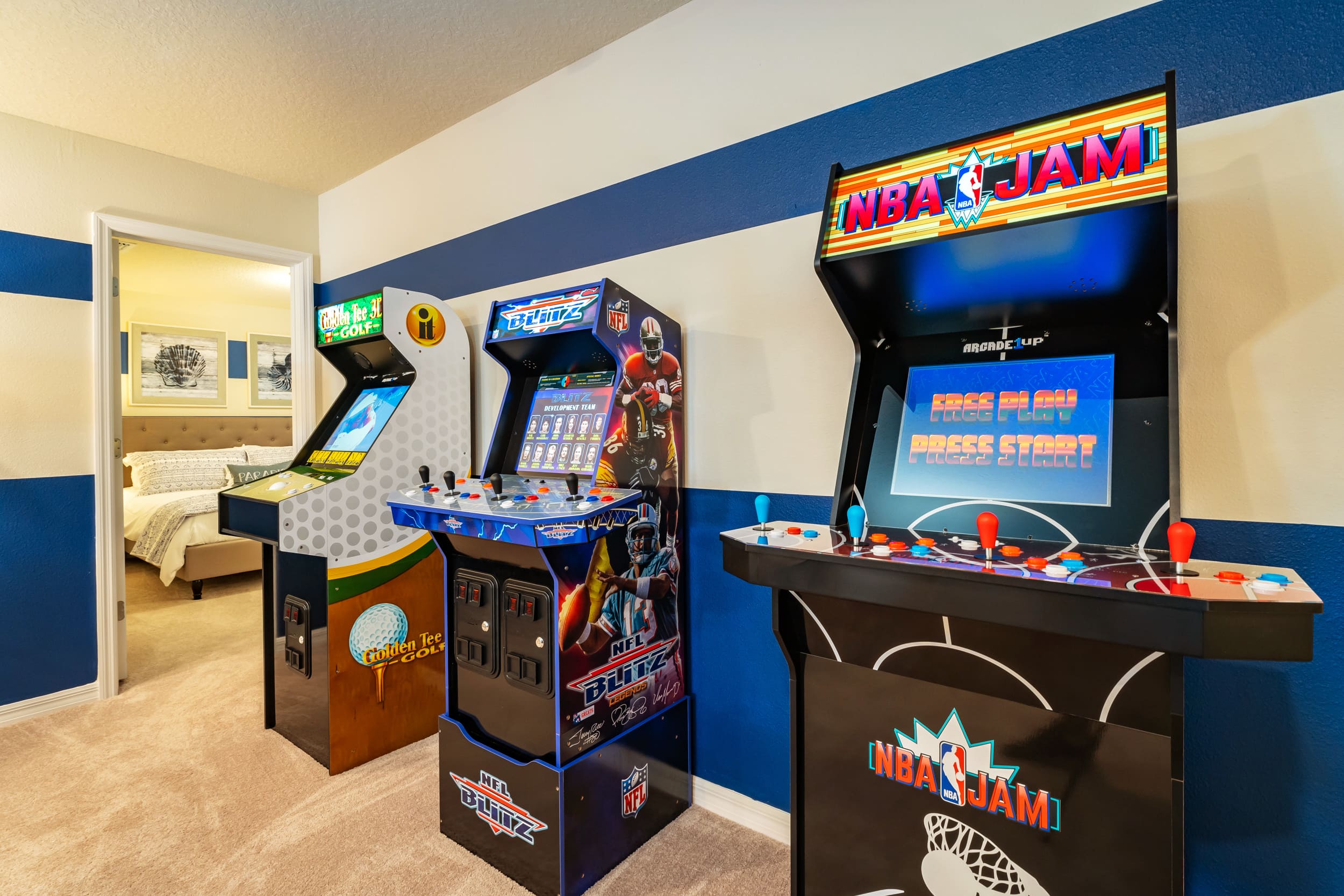 Enjoy endless fun in your private arcade room with classic games like NBA Jam and NFL Blitz. Perfect for family entertainment!