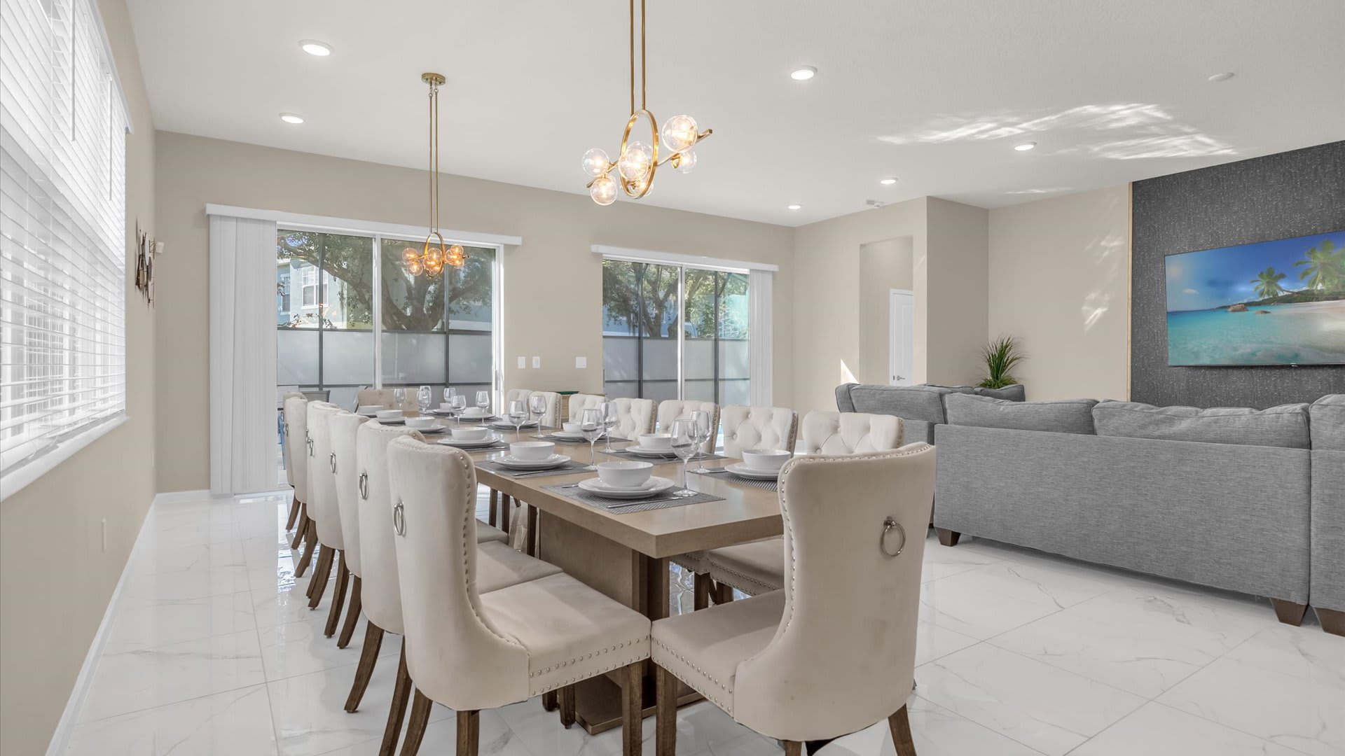 Elegant Dining Area – A long dining table perfect for group meals and celebrations.