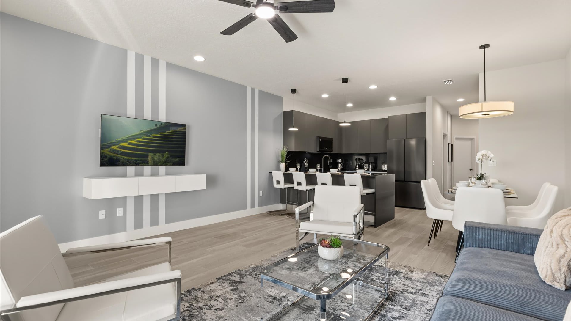 Stunning living room with modern furnishings and smart TV