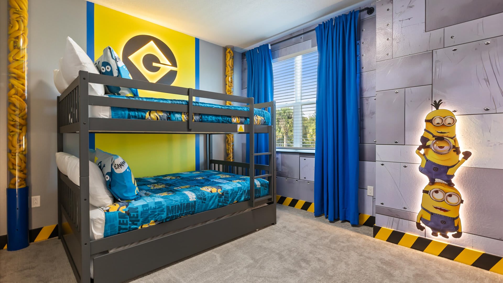 Fun Minions themed bunk bedroom with a single bed perfect for children