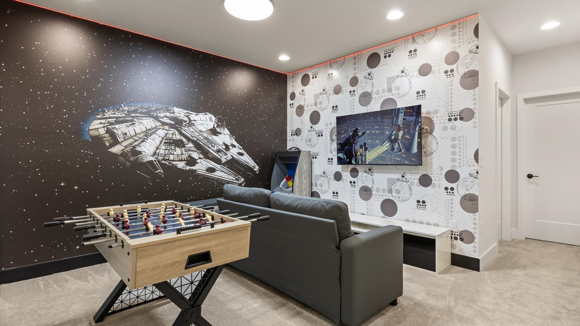 Star Wars themed TV Lounge and Games Room with foosball table