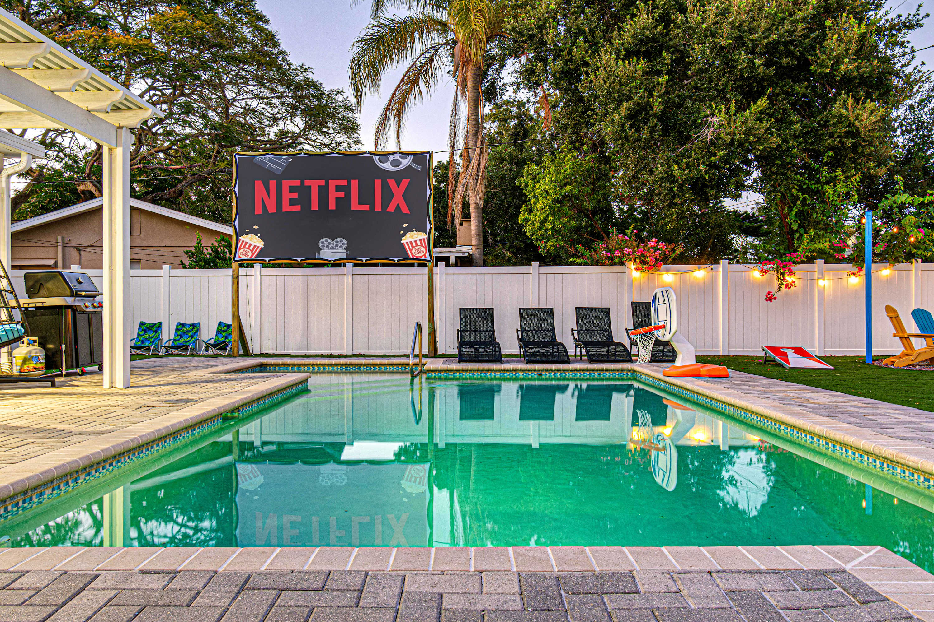 Saltwater pool area featuring the backyard entertainment centre