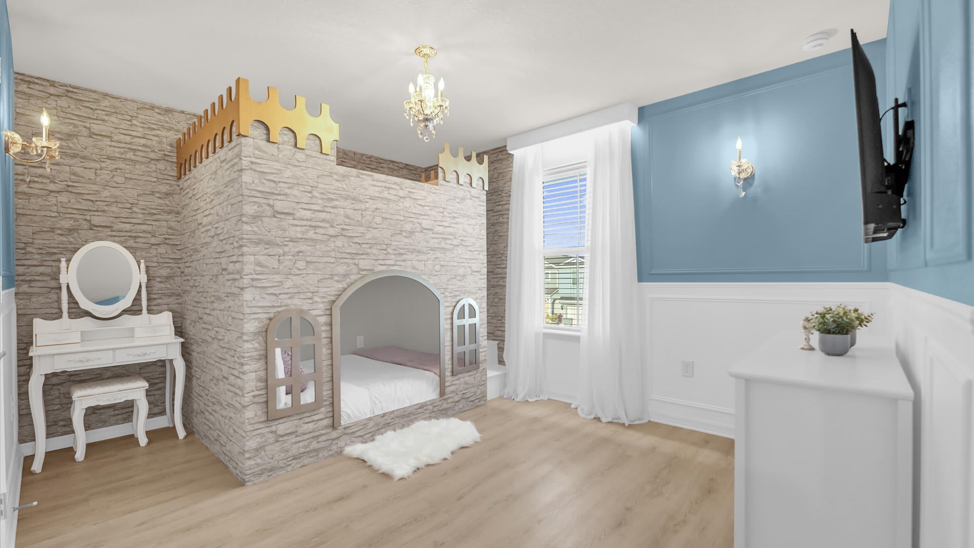Cinderella-themed kids’ bedroom with pastel blue décor, fairytale murals and built-in bunk beds.