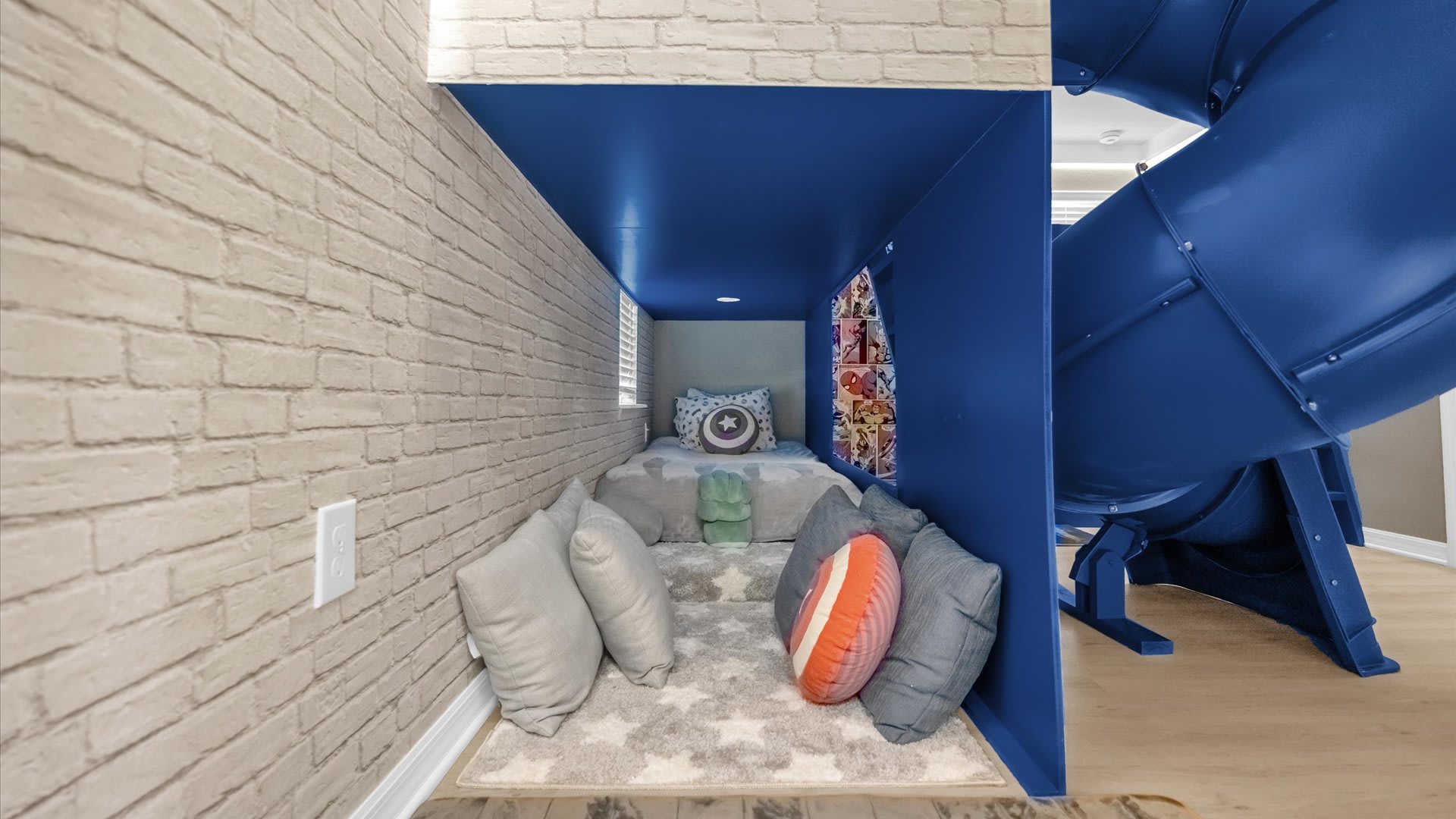 Avengers play loft with double bunks, TV and indoor slide for hours of imaginative fun.