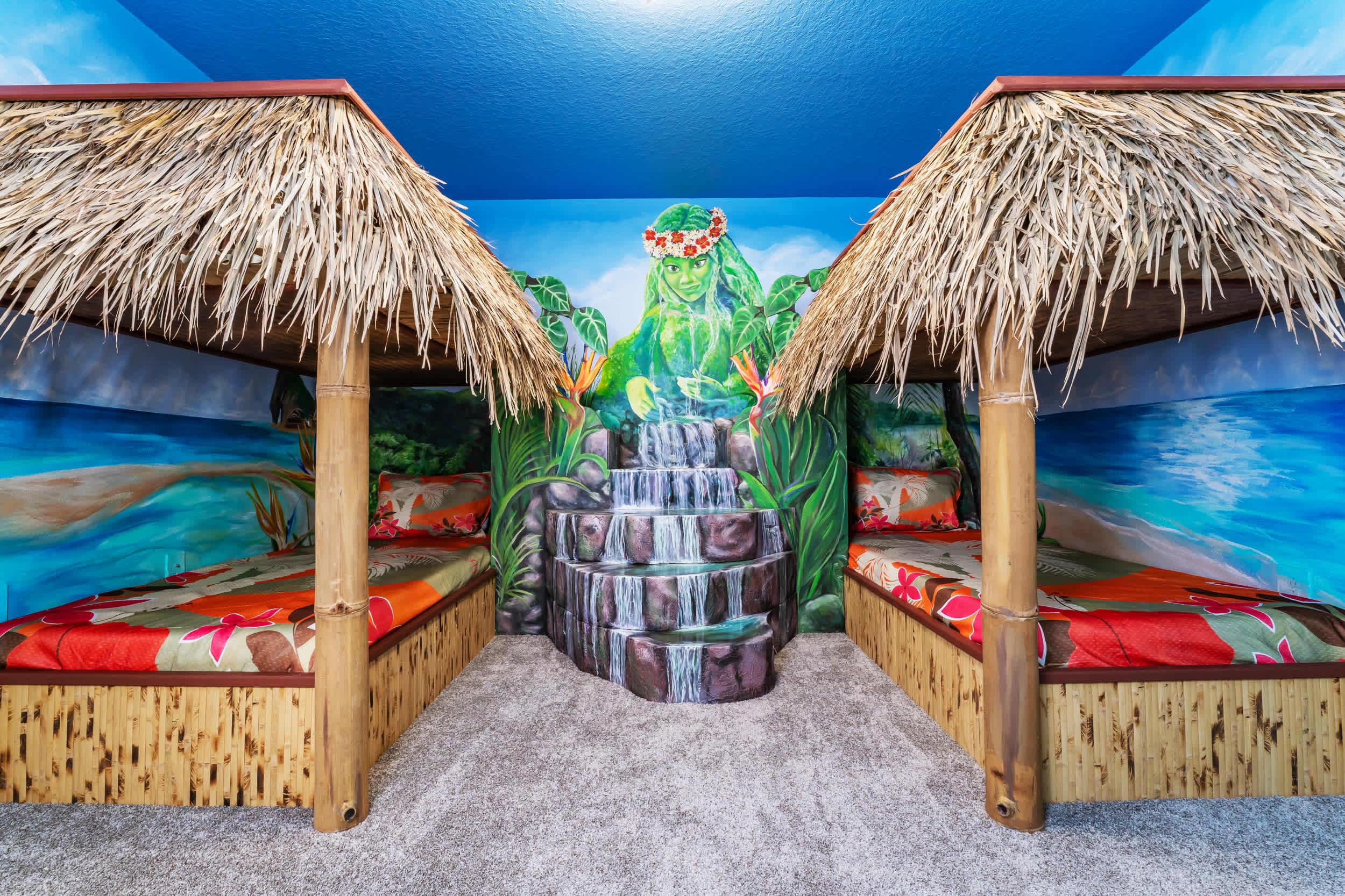 Immerse in a tiki-themed adventure with vibrant murals and cozy bunk beds, perfect for a family escape.